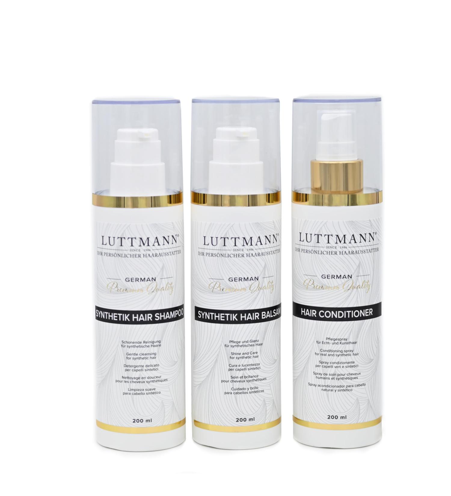 LUTTMANN Synthetik Hair Care Set for Wigs Shampoo Conditioner and Conditioner for Natural and Synthetic Wigs 200 ml each Gentle cleaning and care of synthetic hair  - Buy Online on GoSupps.com