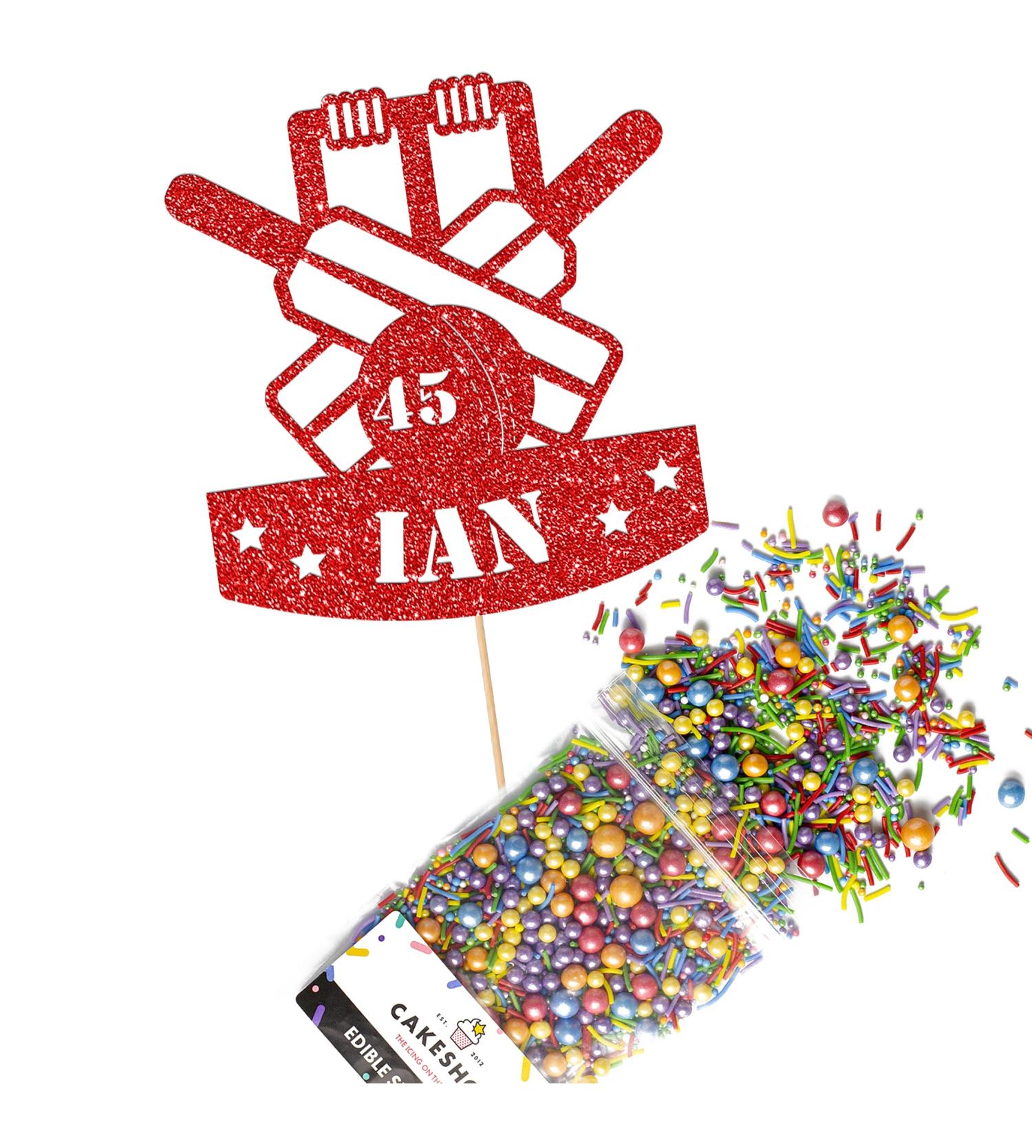 Cakeshop Cake Decoration Pack | Cricket Birthday Theme Premium Double Sided Glitter Card Cake Topper & 25g Party Pack of Cake Sugar Sprinkles | Custom Name & Age Cake Decorations (Red) Prime Glitter Card: Red - Buy Online on GoSupps.com