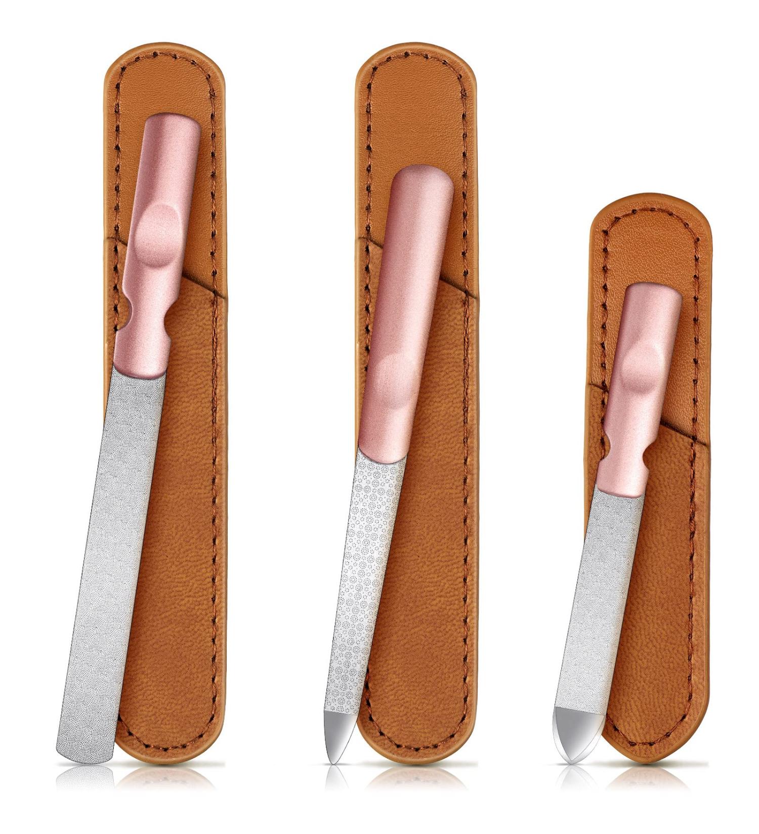 3-Piece Stainless Steel Nail Files with Leather Case | Double-Sided Metal Nail Files with Anti-Slip Handle | Manicure Pedicure Tools for Fingernail Toenail | Rose Gold - Buy Online on GoSupps.com