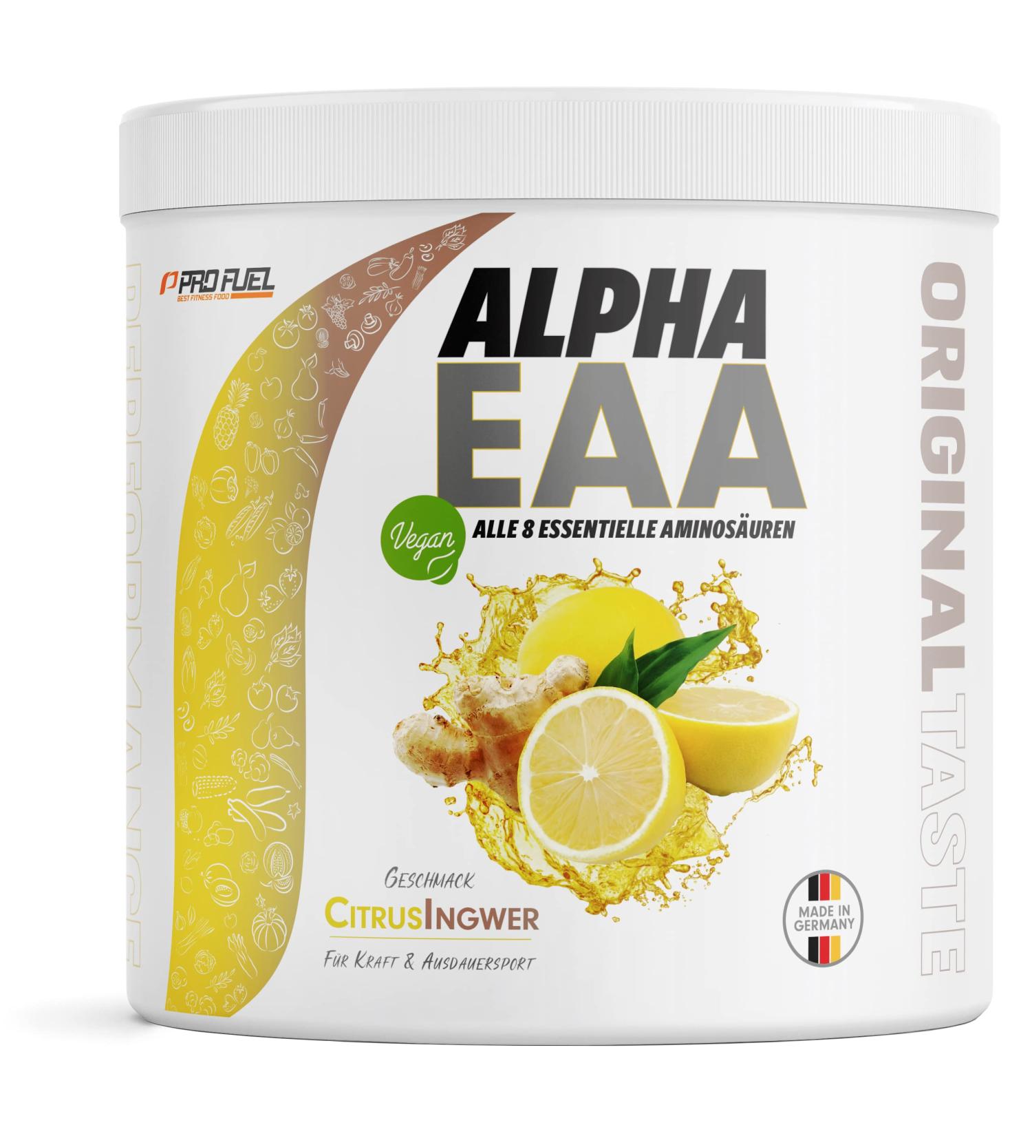 Alpha EAA Powder 462g - Vegan Amino Acid Drink Citrus-Ginger Flavor All 8 Essential Amino Acids Made in Germany - Buy Online on GoSupps.com