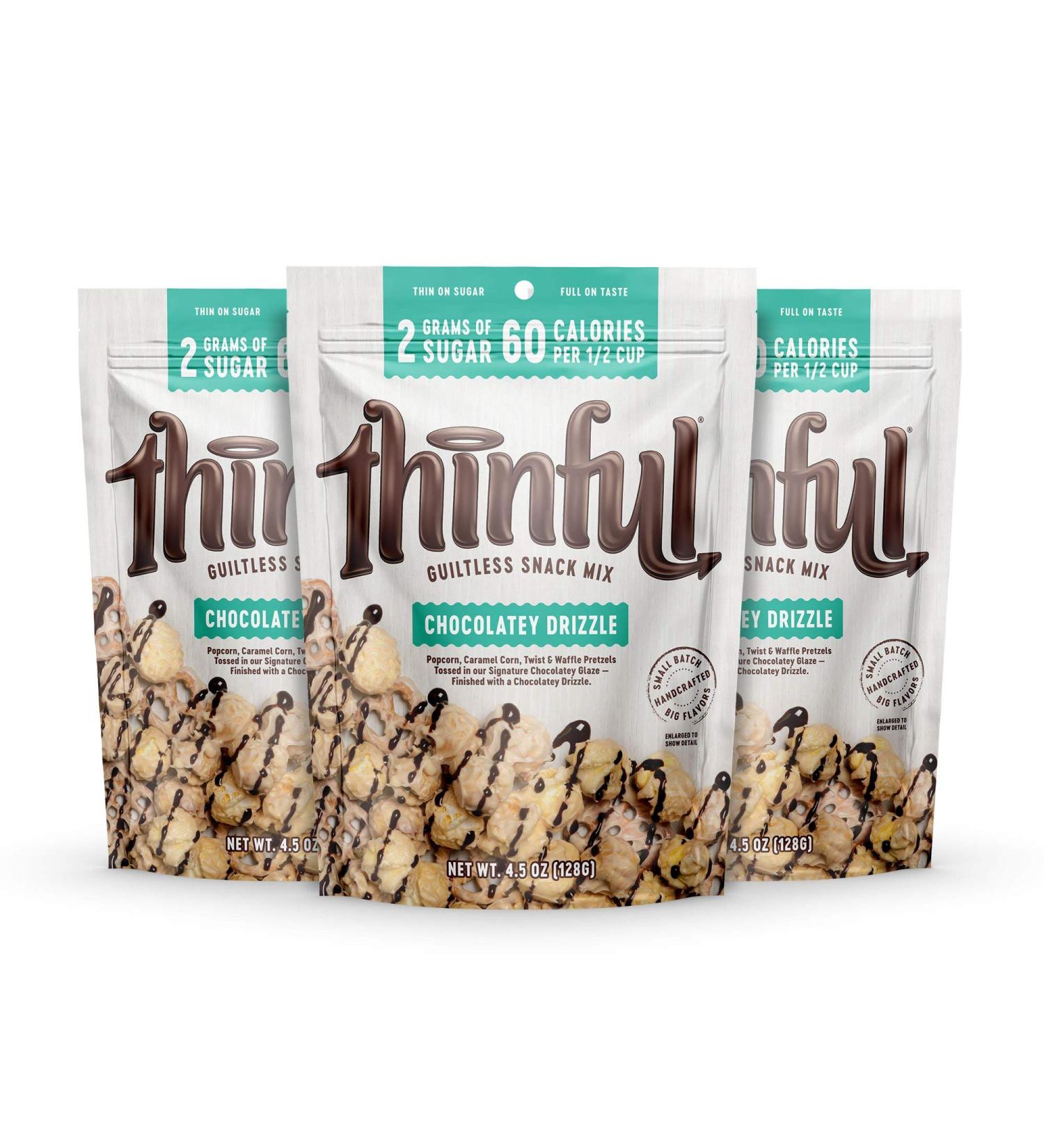 Thinful Chocolately Drizzle Gourmet Popcorn & Pretzel Snack Mix, Low-Calorie & Low-Sugar Treat with Stevia Blend - 3-Pack (13.5 oz) - Buy Online on GoSupps.com