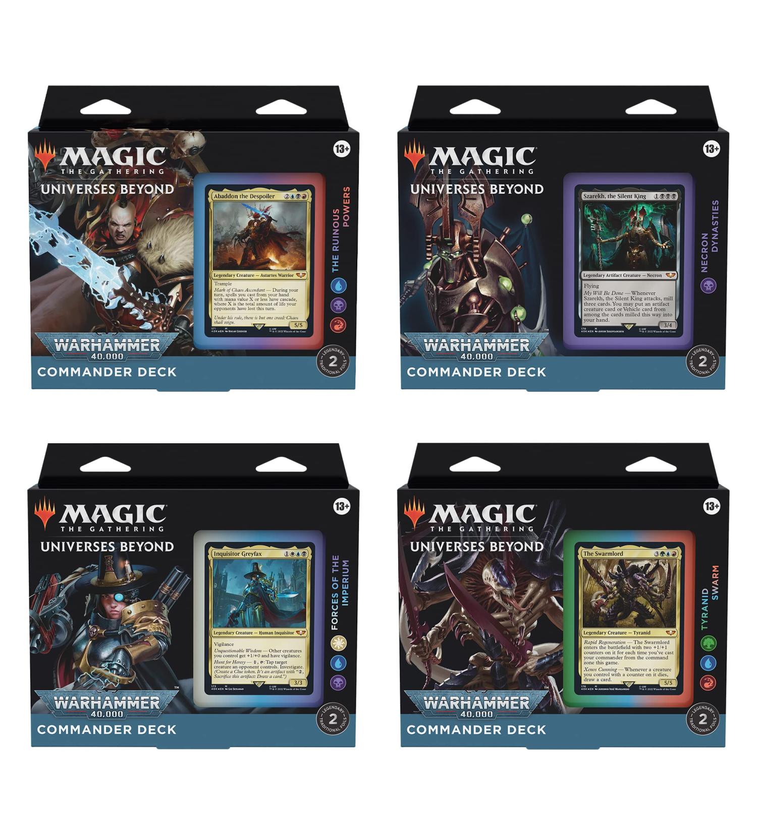 Magic the Gathering Universes Beyond Warhammer 40,000 Commander Deck Bundle - The Ruinous Powers, Necron Dynasties, Forces of the Imperium, Tyranid Swarm - Buy Online on GoSupps.com