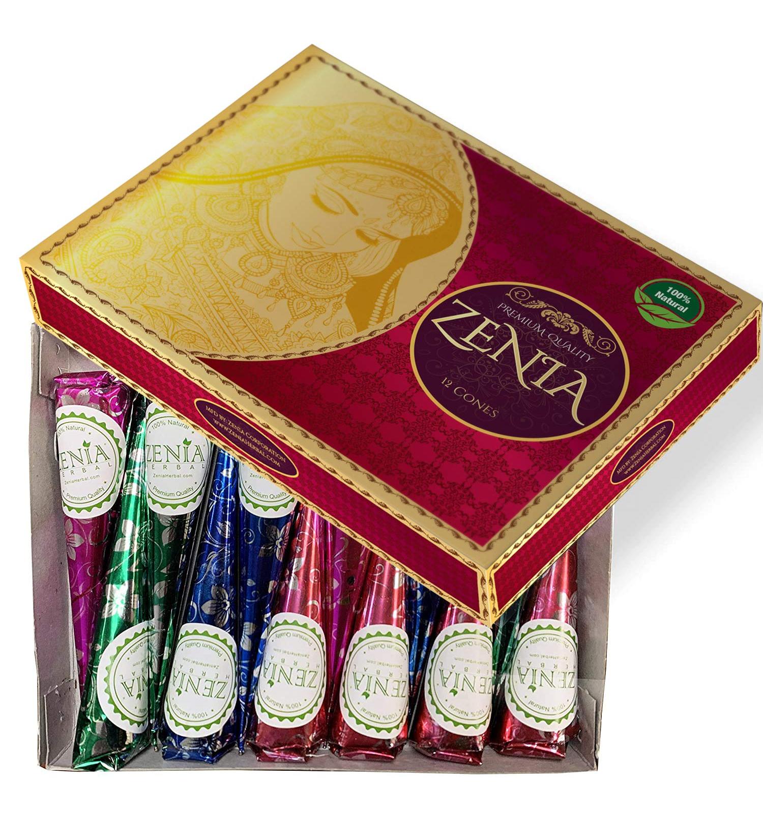 Zenia 100% Natural Henna Paste Hair Dye Cones - 12 Pack, Reddish Brown Color - Buy Online on GoSupps.com