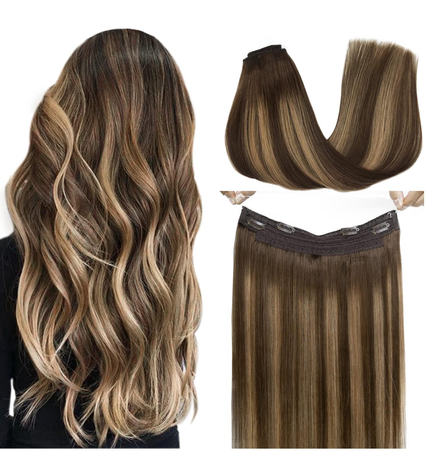 GOO GOO Balayage Chocolate Brown to Caramel Blonde Human Hair Extensions - 16 Inch Invisible Wire Hairpiece - Buy Online on GoSupps.com