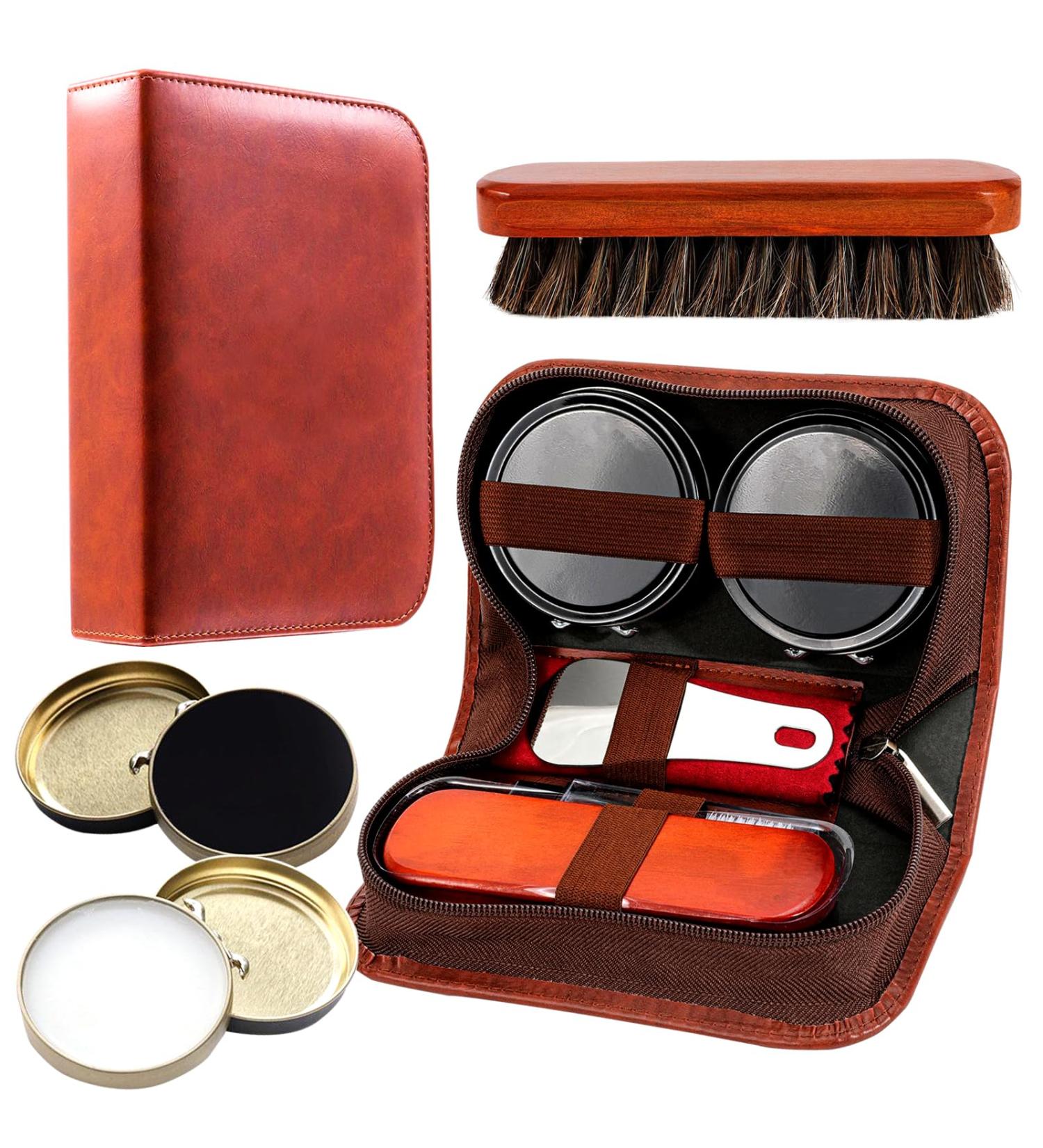 Wilbeva Leather Shoe Polish Kit - 7 in 1 Shoe Care Set for Men & Women | Shoe Shine Cleaner with Horsehair Bristle Dauber | Boot Cleaning and Care Set with Polish - Buy Online on GoSupps.com