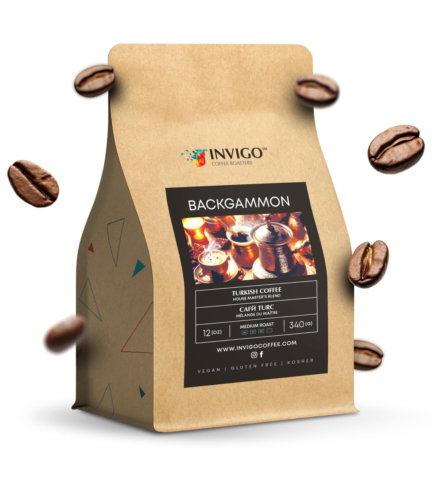 Invigo Turkish Freshly Ground Coffee Beans 340g - Fresh Ground Coffee Small Batch Premium Roasting Vegan Gluten-Free Christmas Birthday Gift for Coffee Lovers & Enthusiasts Backgammon Blend - Buy Online on GoSupps.com