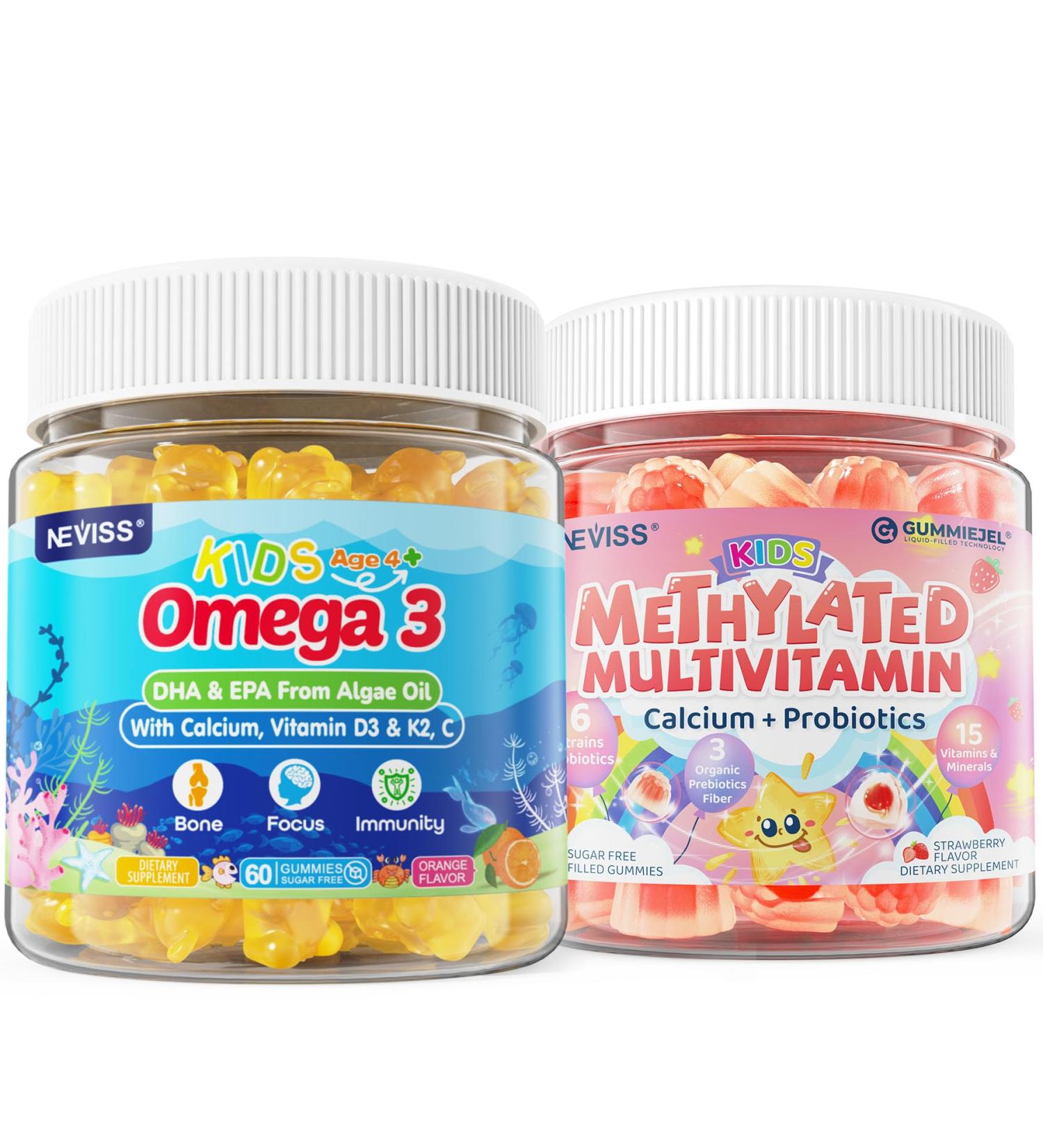 Kids Methylated Multivitamin Gummies with Calcium Probiotics + Omega 3 Gummies with Vitamin D3 & K2 C DHA - Buy Online on GoSupps.com