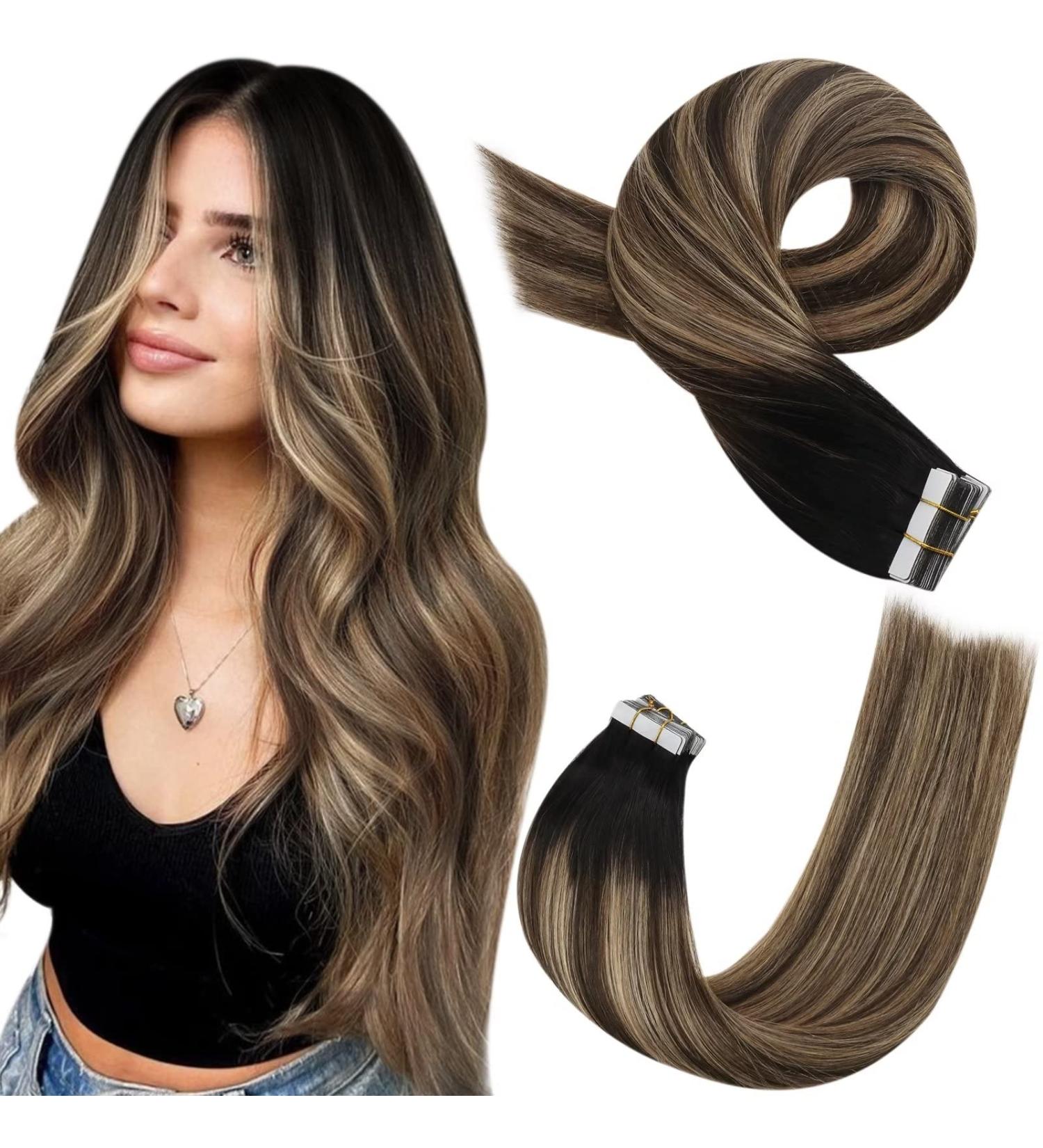 Moresoo 12 Inch Balayage Tape in Human Hair Extensions - Natural Black Ombre to Dark Brown with Dark Blonde Highlights - 20 Pieces/30g #1B/4/14 - Buy Online on GoSupps.com