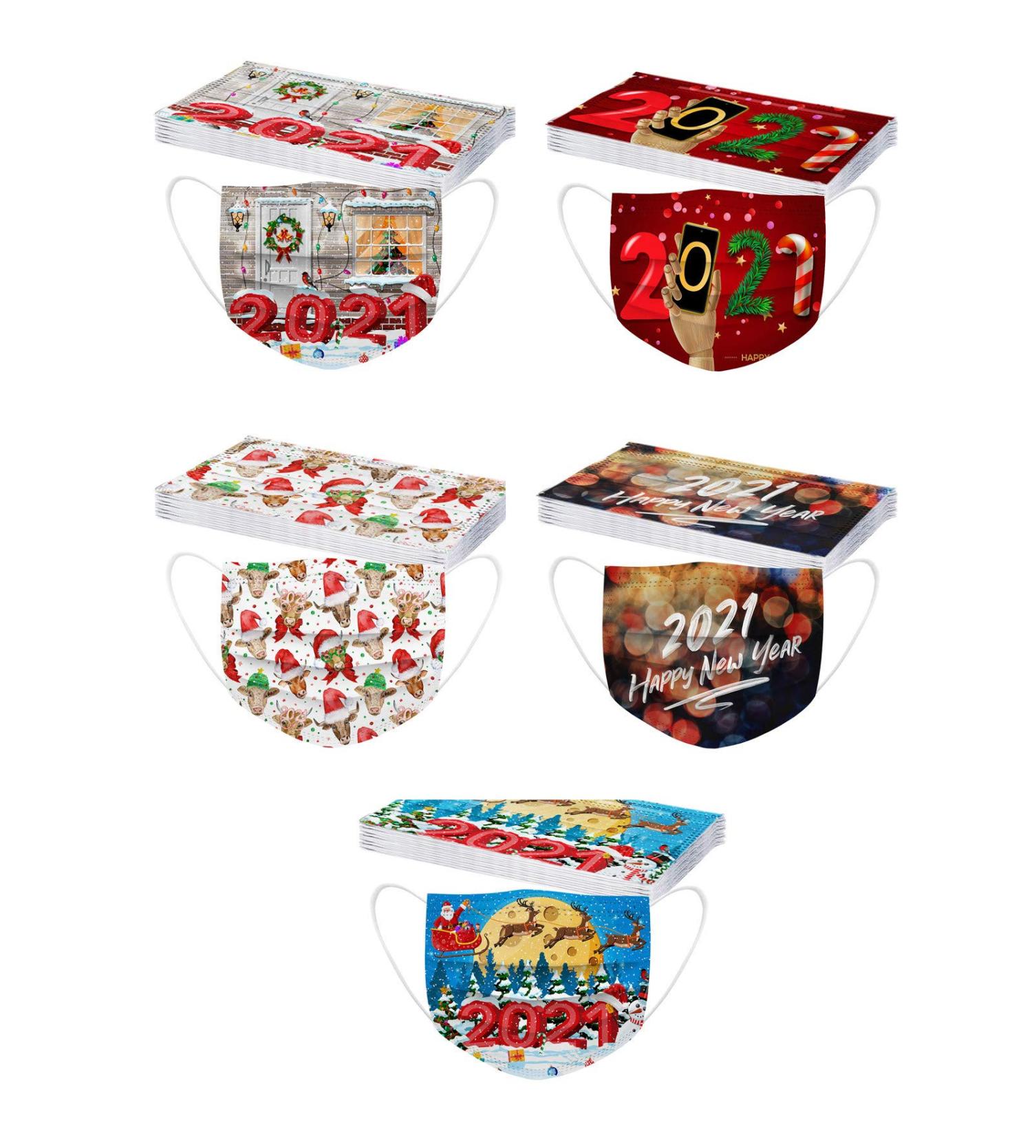 BEUU 50PCS Happy New Year 2021 Disposable_Face_M sks with a Elastic Earloop for Adult Multiple Pattern Combinations 3-ply Face Facial Protection Pads for Party High Filtration and Ventilation - Buy Online on GoSupps.com