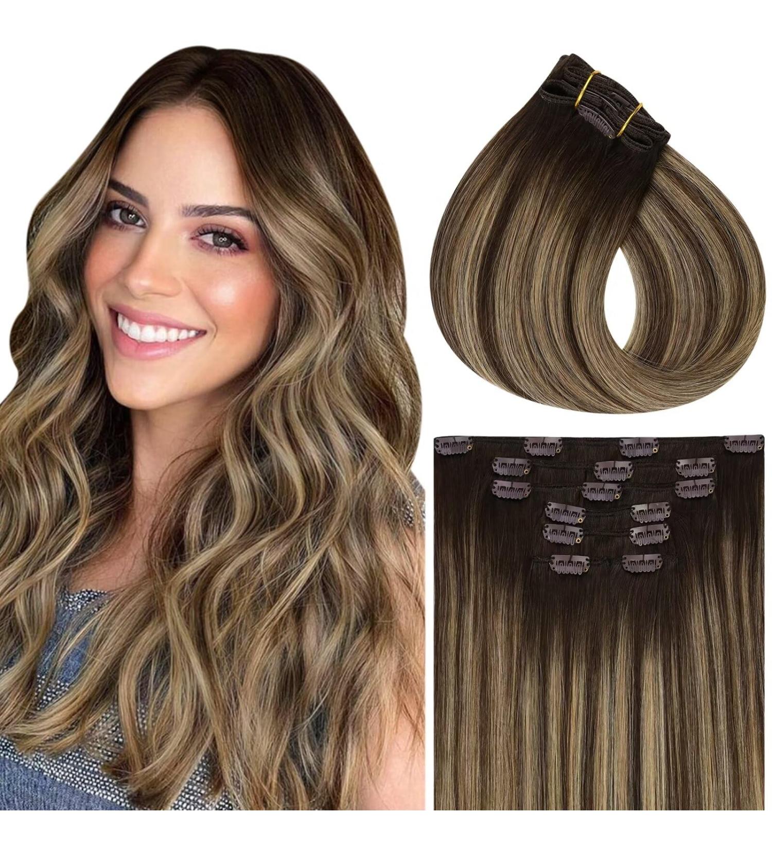 Vivien Clip-In Hair Extensions - Remy Real Hair Balayage Dark Brown & Caramel Blonde | 25cm 70g 5pcs | #4/27/4 - Buy Online on GoSupps.com