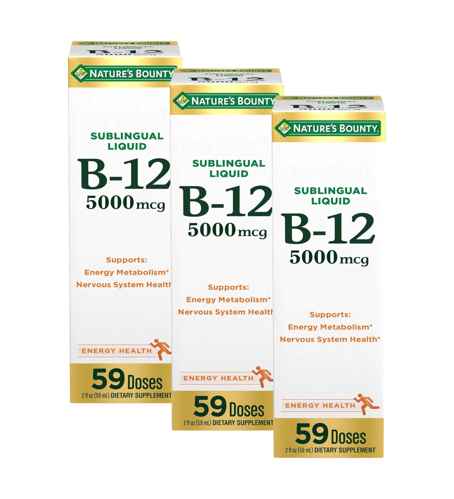 Nature's Bounty Vitamin B12 5000 mcg Sublingual Liquid Cardiovascular Health & Cellular Energy Support 2 Fl Oz (1 Count) (Pack of 3) 2 Fl Oz (Pack of 3) - Buy Online on GoSupps.com