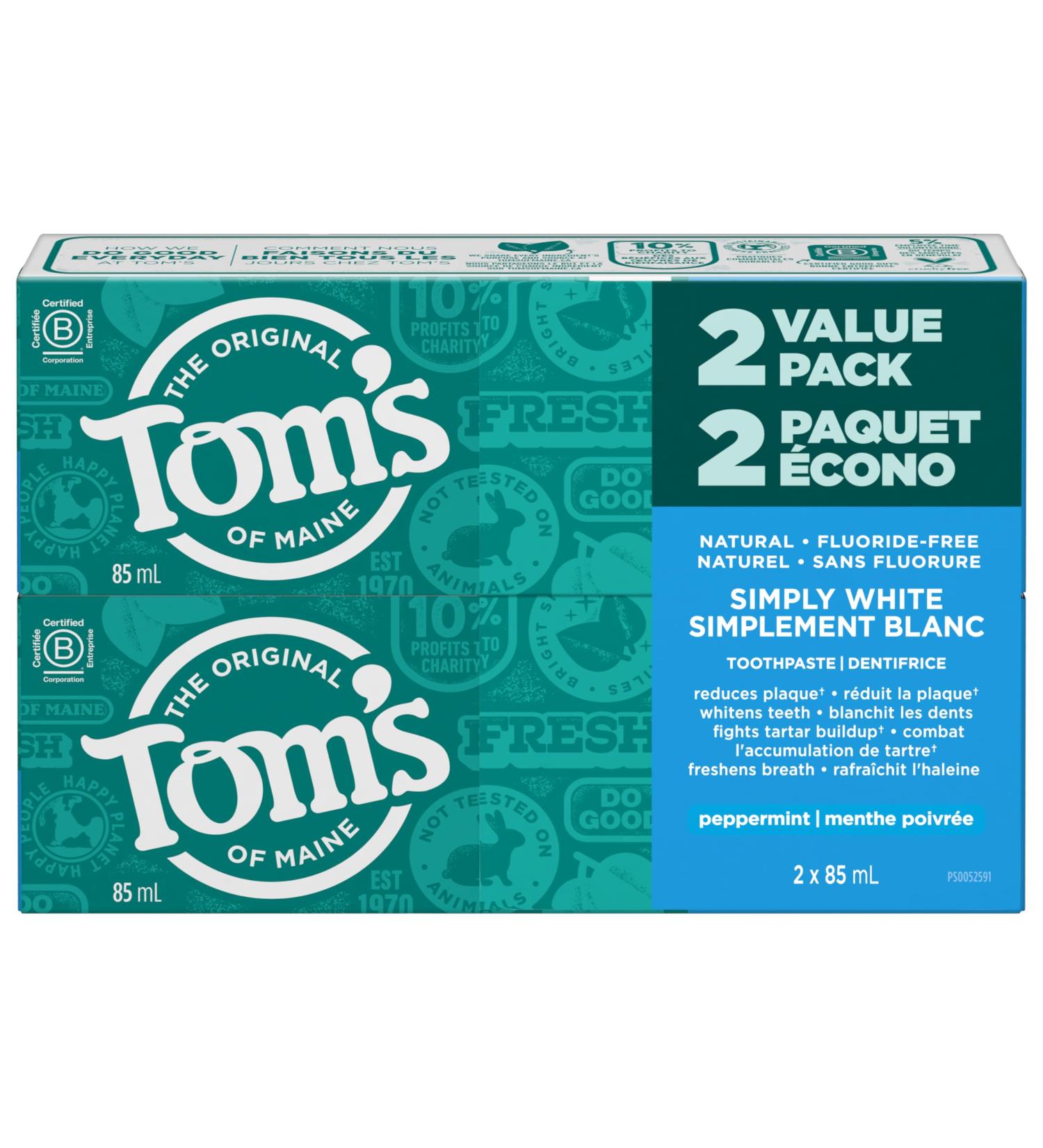 Tom's of Maine Simply White - Refreshing Peppermint - Fluoride-Free Natural Whitening Toothpaste Fights Tarter and Plaque to Whiten Teeth Naturally - 2 Pack 85 mL - Buy Online on GoSupps.com