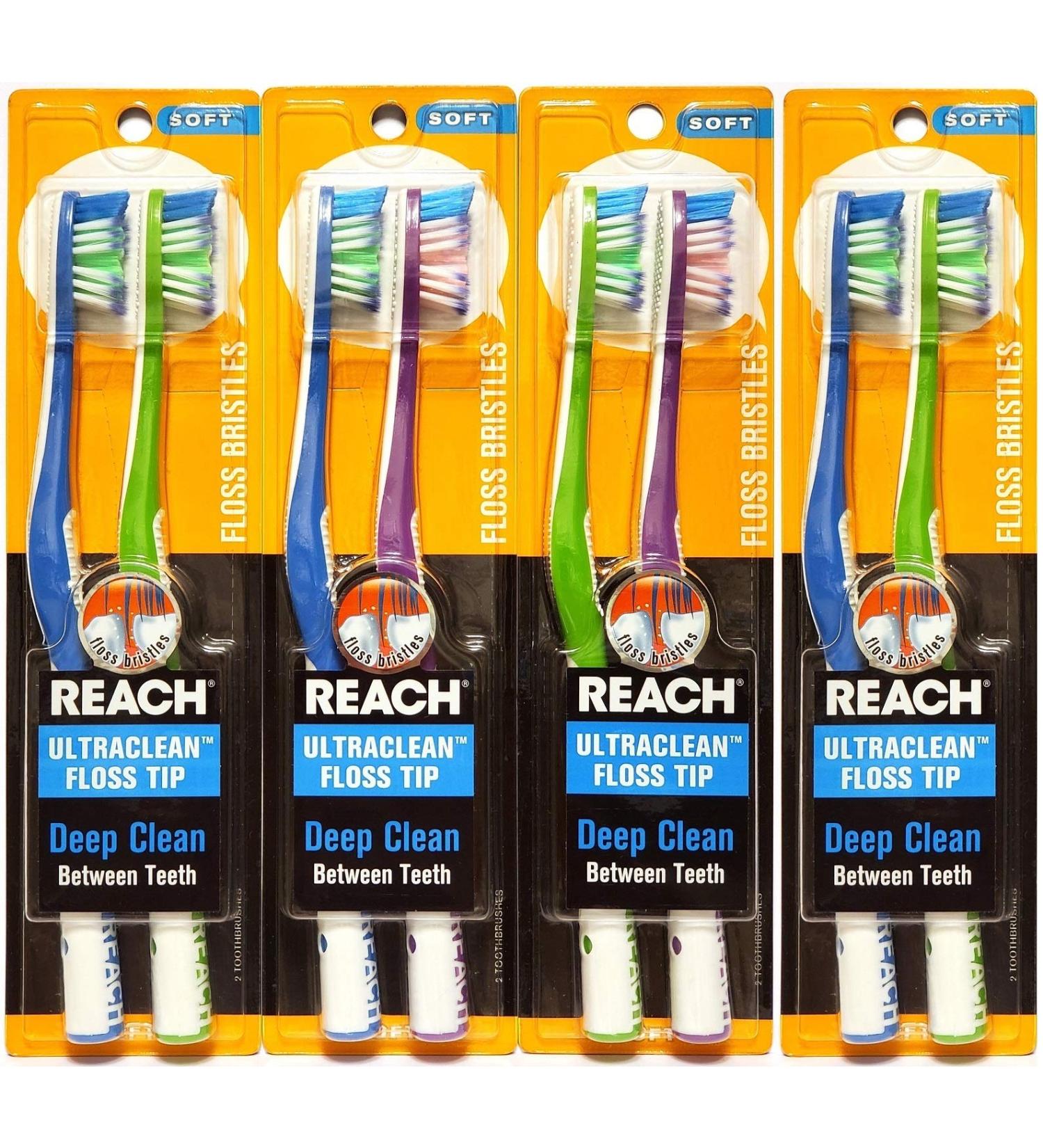 Reach Ultra-Clean Floss Tip Soft Toothbrush Assorted Colors 2 Count (Pack of 4) Total 8 Toothbrushes