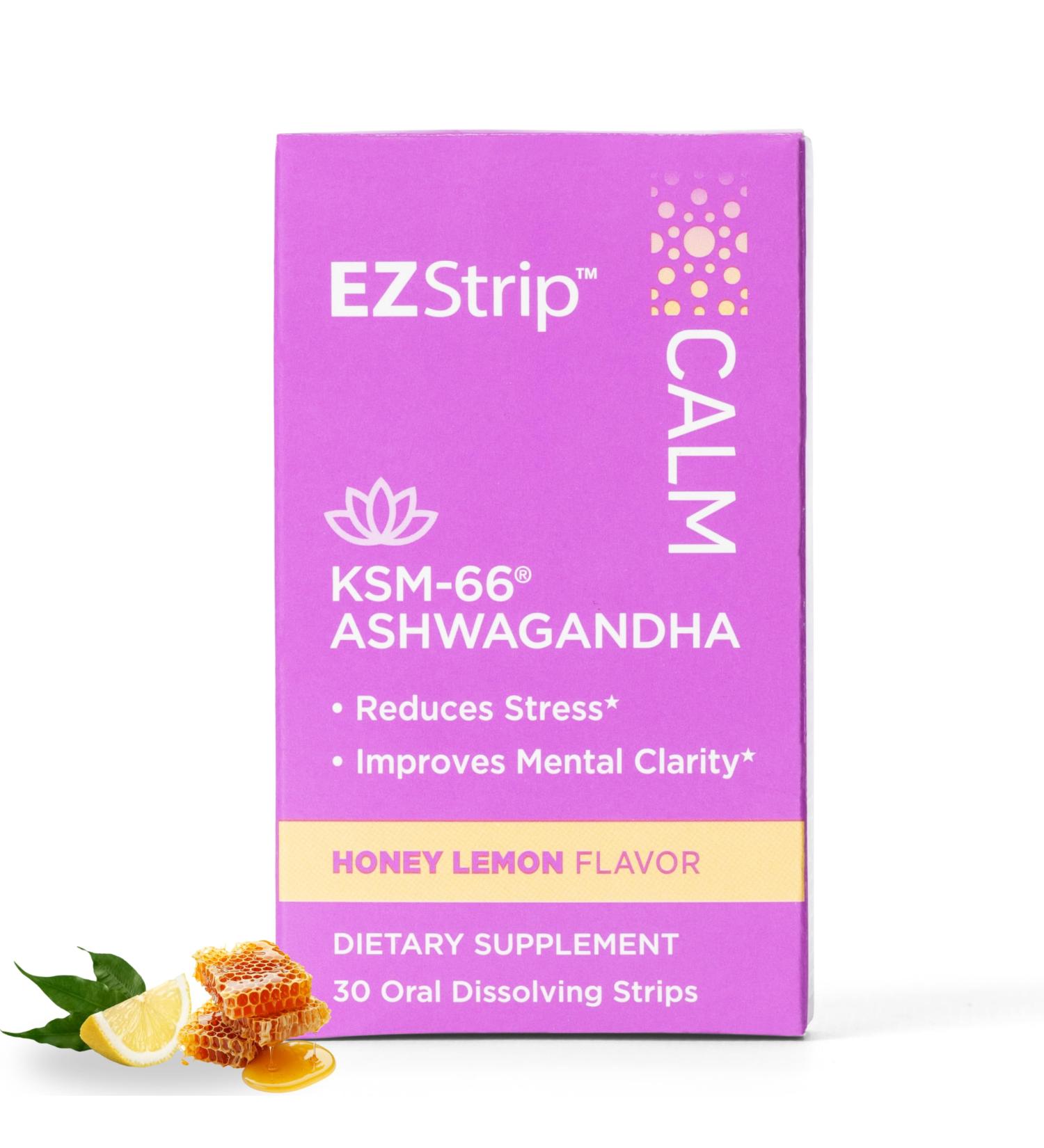 EZStrip Calm Supplement - Honey Lemon Flavor 30 Count - Dissolving Calming Strips with Ashwagandha KSM 66 Help Support Stress Relief - Made in The USA Sugar and Gluten-Free - Buy Online on GoSupps.com
