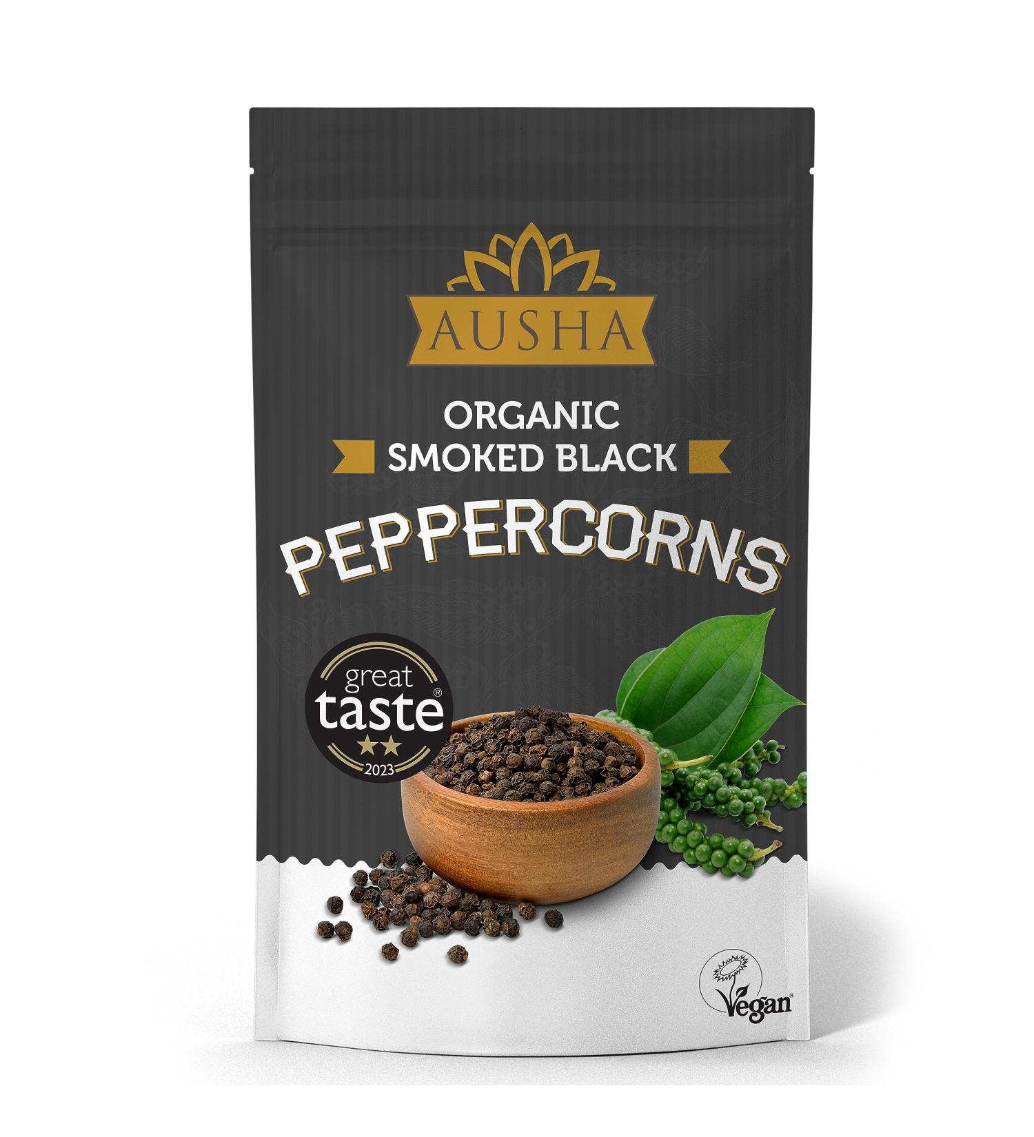 Ausha Organic Black Peppercorns 100g | 2** Star Great Taste Award 2023 | Smoked for Cooking | Certified Organic - Buy Online on GoSupps.com