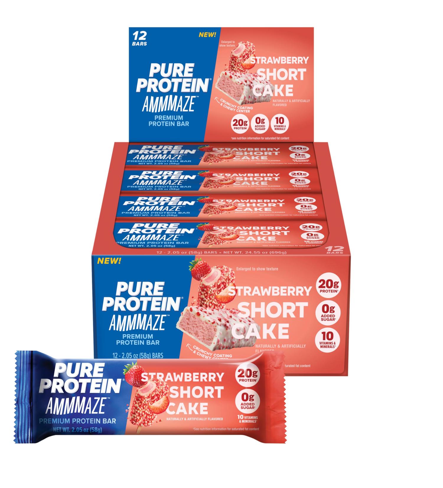 Pure Protein AMMMAZE Strawberry Shortcake Protein Bars (12 ct) 20g High Protein No Added Sugar - Strawberry Meal Replacement Bar - On the Go Snacks - Buy Online on GoSupps.com
