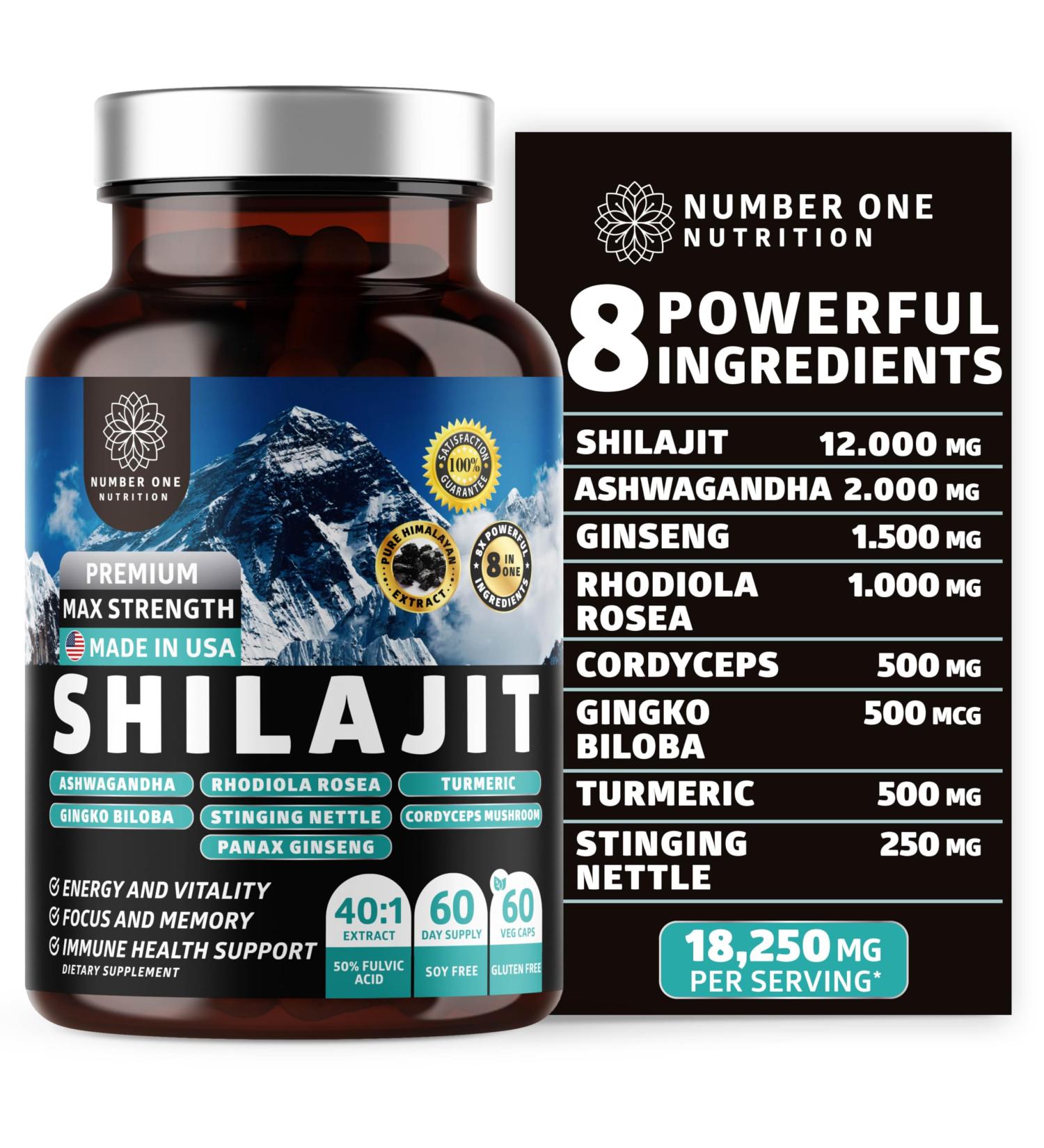 Pure Himalayan Shilajit for Women and Men 50% Fulvic Acid Better Than Resin with Ashwagandha, Ginseng, Turmeric, Gingko Biloba, Stinging Nettle, Cordyceps to Support Energy & Immunity, 60Caps
