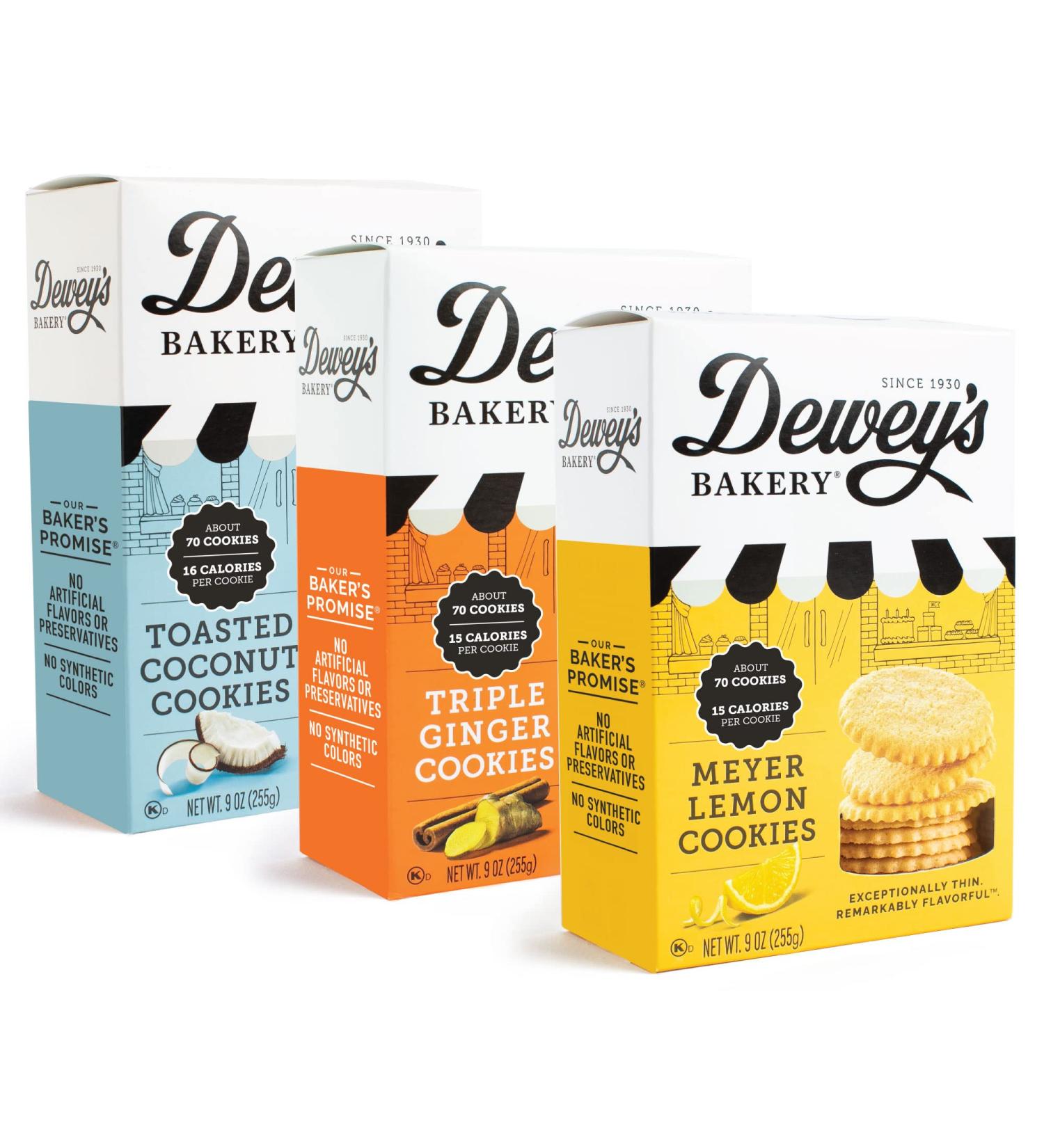 Dewey's Bakery Meyer Lemon Triple Ginger & Toasted Coconut Moravian Cookie Thin Variety Pack - Small Batch Baked with Simple Ingredients | Southern Bakery Recipe | 15 Calories Per Cookie | 9 oz (Pack of 3) - Buy Online on GoSupps.com