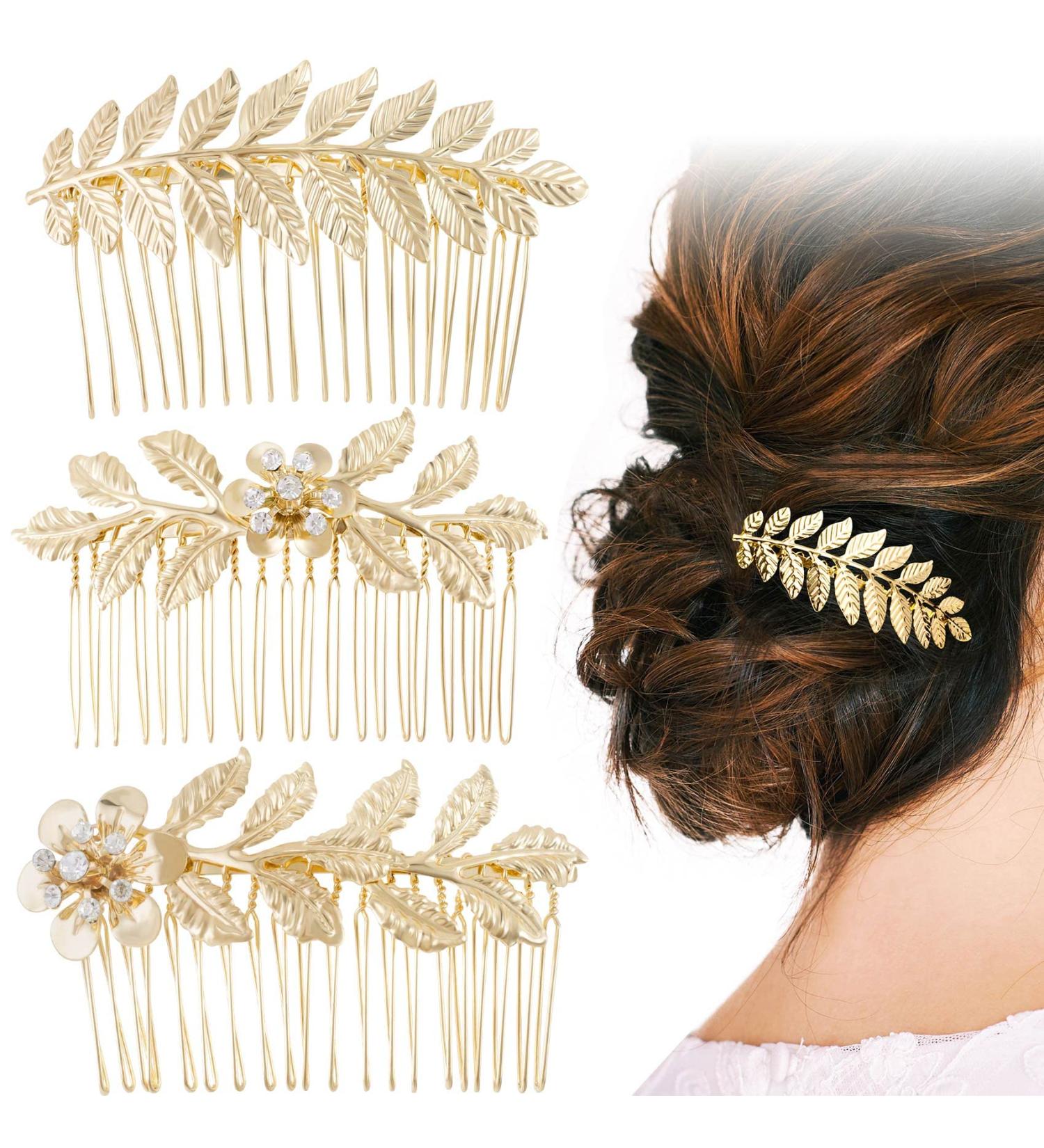 PAGOW Gold Leaf Hair Comb Set with Rhinestones and Pearls - Wedding Hair Accessories for Women, Girls, Bride, Bridesmaid (3 Sizes) - Buy Online on GoSupps.com