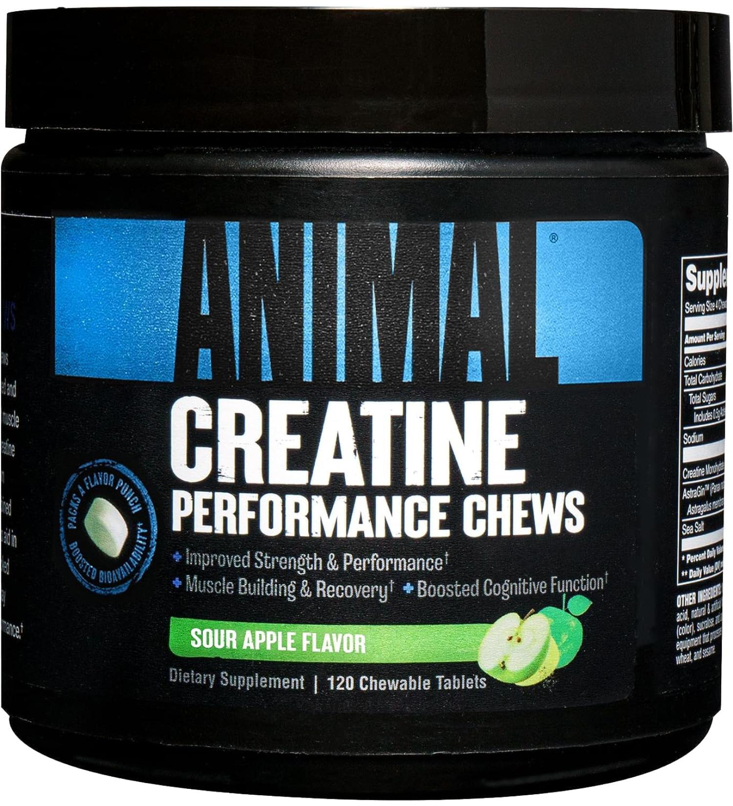 Universal Nutrition Animal Creatine Chews - Green Apple | 5G Creatine Monohydrate + Sea Salt | Boost Performance & Pump | 120 Easy Absorbable Tablets - Buy Online on GoSupps.com
