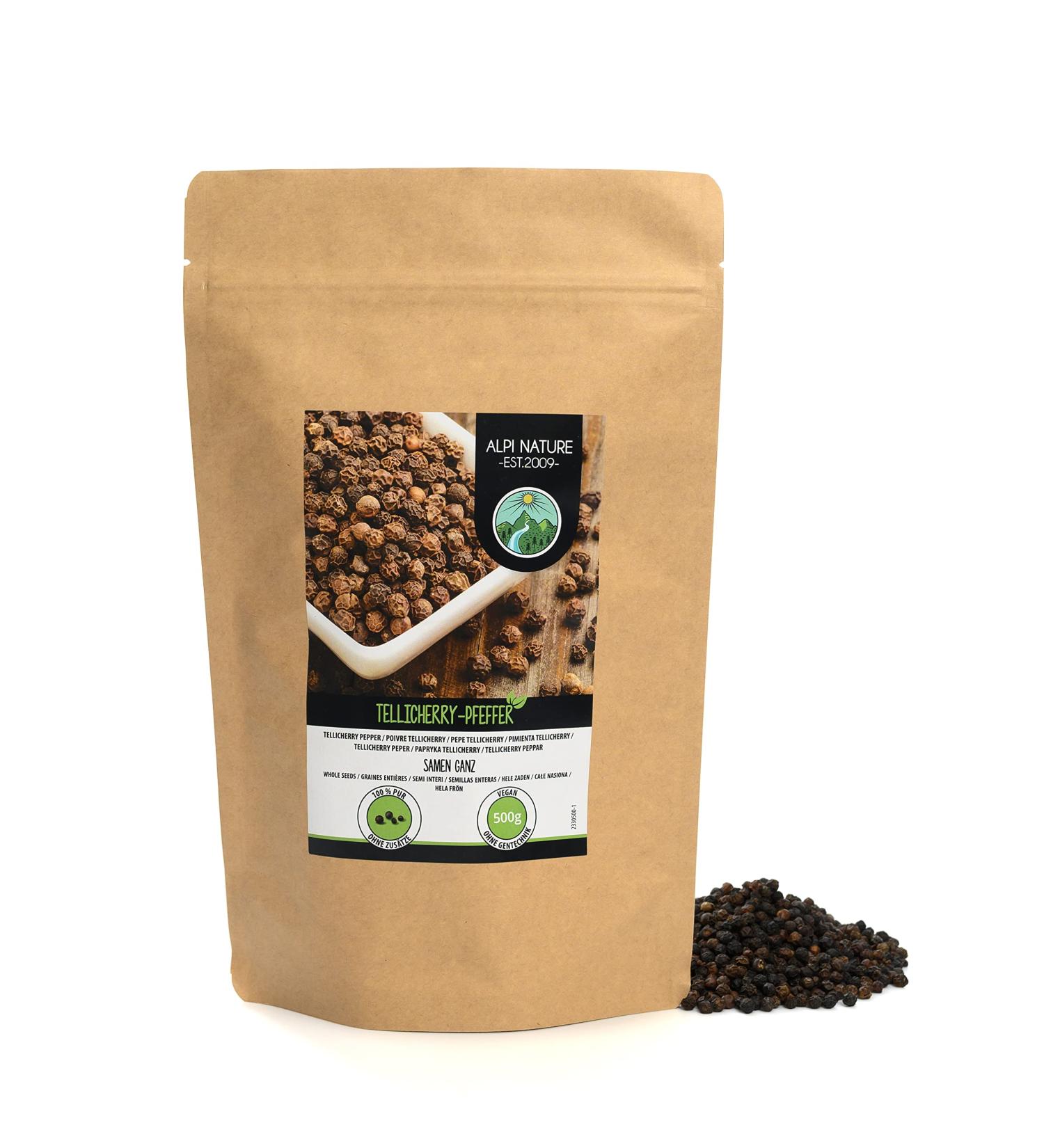 Buy 500g Tellicherry Pepper - 100% Pure Black Peppercorns from Controlled Cultivation | Premium Quality & Laboratory Tested - Buy Online on GoSupps.com