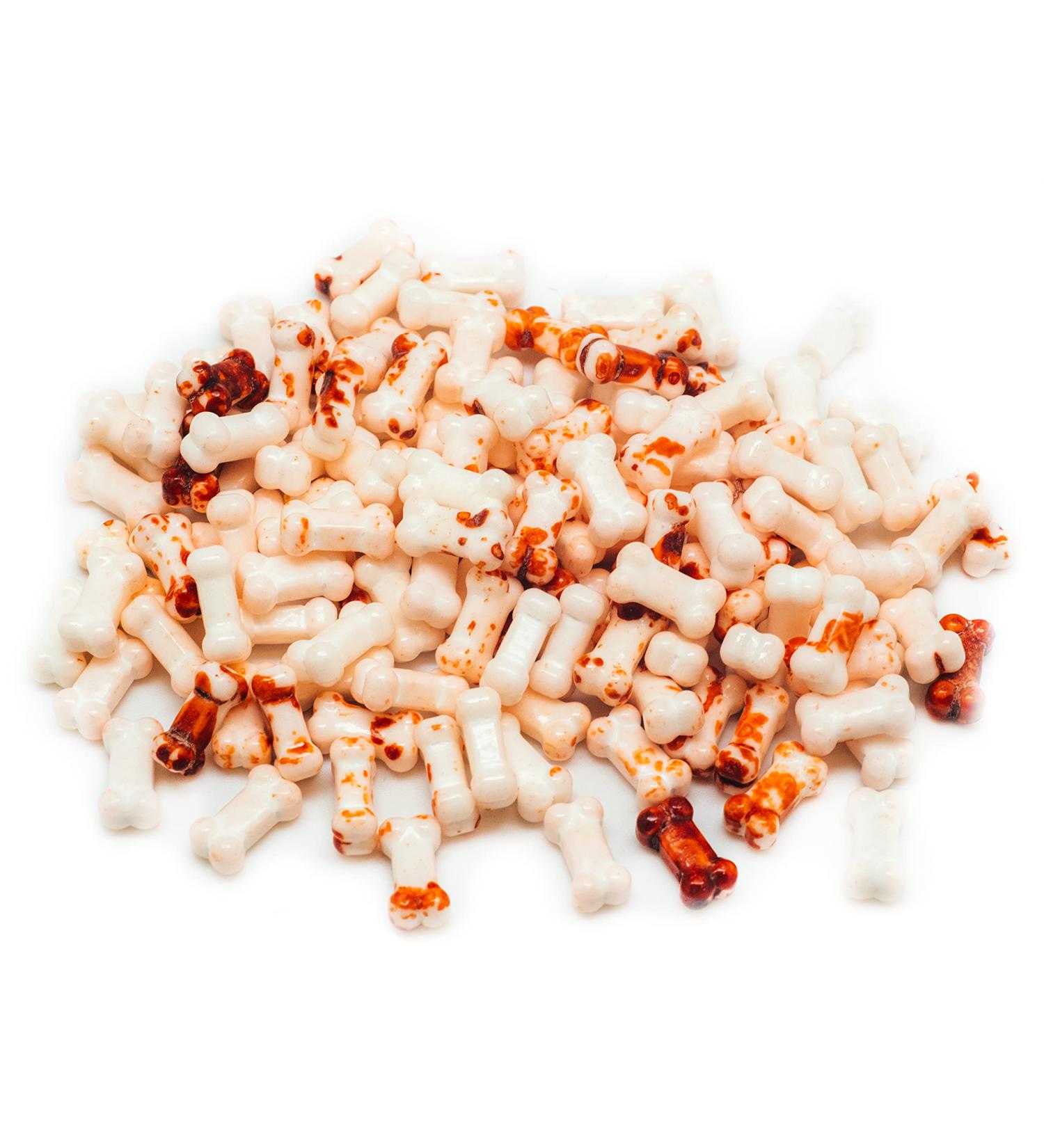 Bloody Bones Treat Toppers - 4 oz Resealable Stand Up Candy Bag - White Candy Bone Shaped Sprinkles w/ Red Splashes - Halloween Themed Sprinkles for Holiday Desserts and Snacks - Buy Online on GoSupps.com