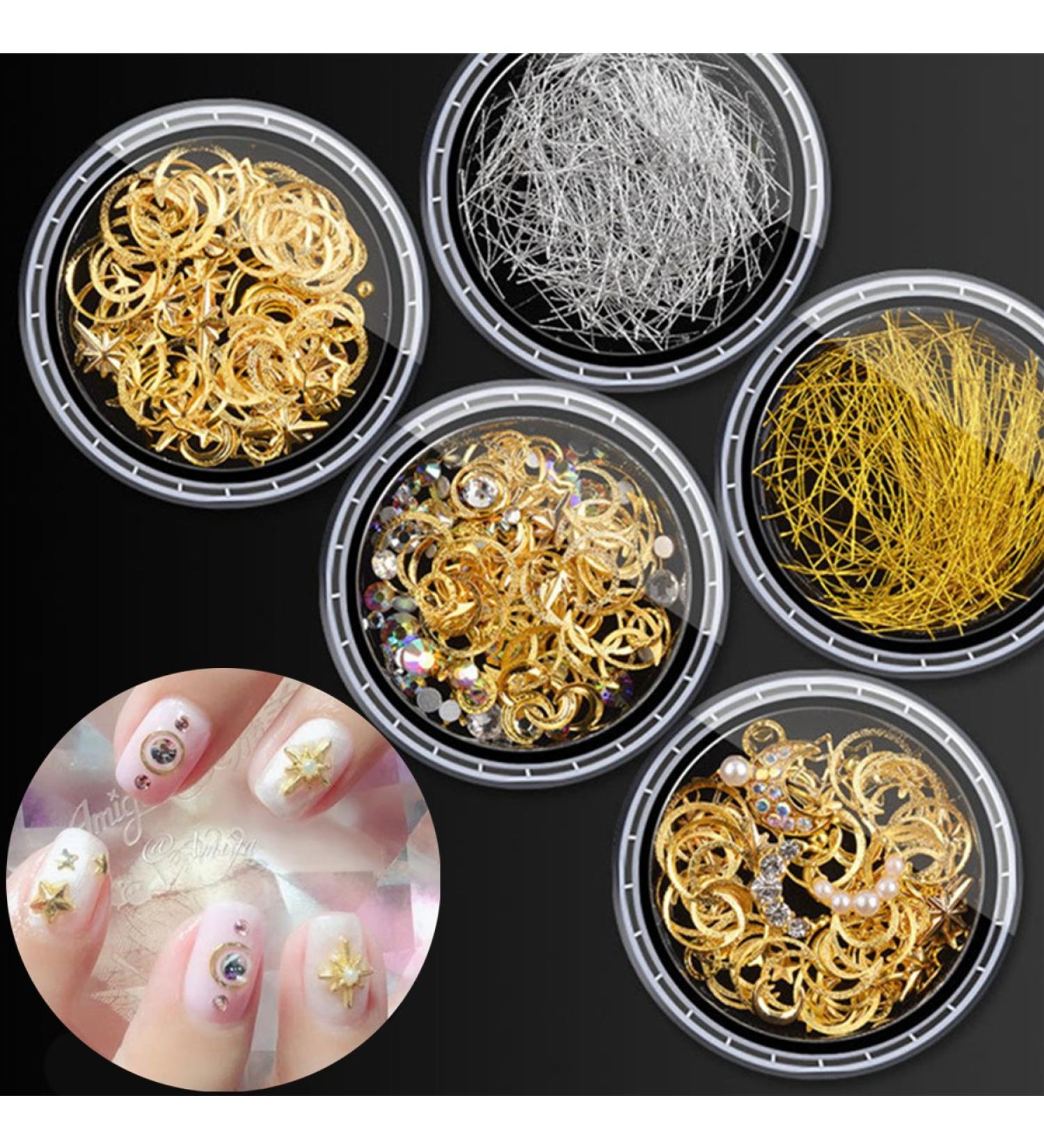 Mezerdoo 5 Pots Nail Metal Rivet Nail Studs Hollow 3D Nail Art Decoration Gold Circle Moon Star Round Mixed Accessories Nails Rhinestone Glitter Strip Tape - Buy Online on GoSupps.com