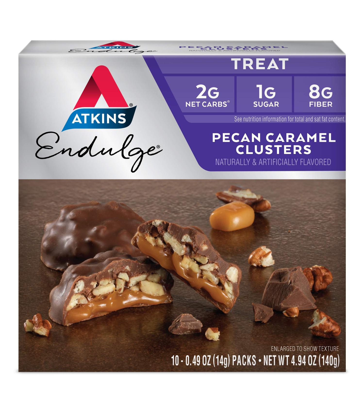 Atkins Pecan Caramel Clusters - Rich Decadent Treat with Chocolate, Caramel, and Pecans (10 Clusters, 0.49 oz each, Pack of 10) - Buy Online on GoSupps.com