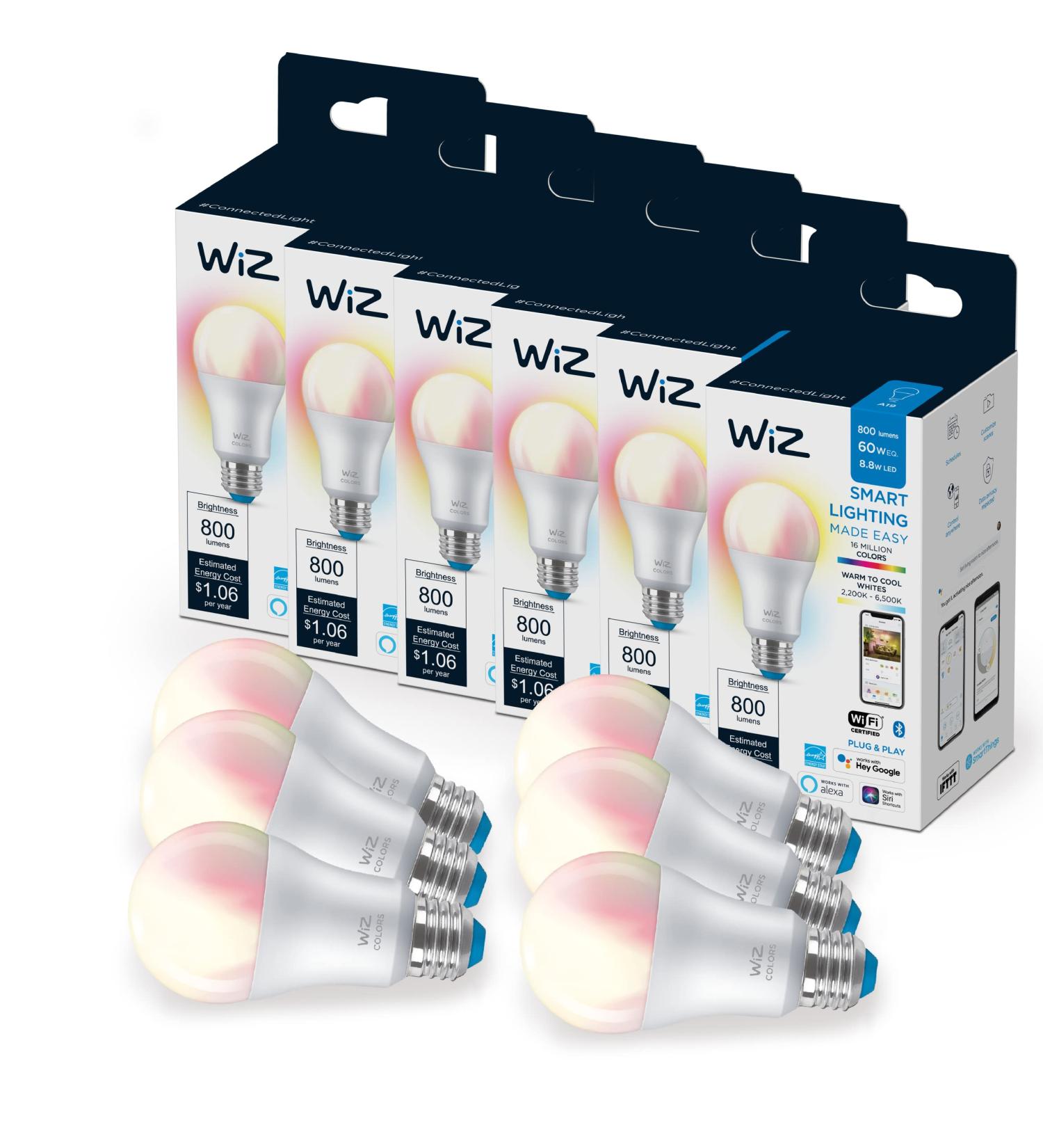 WiZ Connected 6-Pack Color 60W A19 Smart WiFi Light Bulb  16 Million Colors  Compatible with Alexa and Google Home Assistant  No Hub Required  6 Bulbs A19 Color 6 Count (Pack of 1) - Buy Online on GoSupps.com