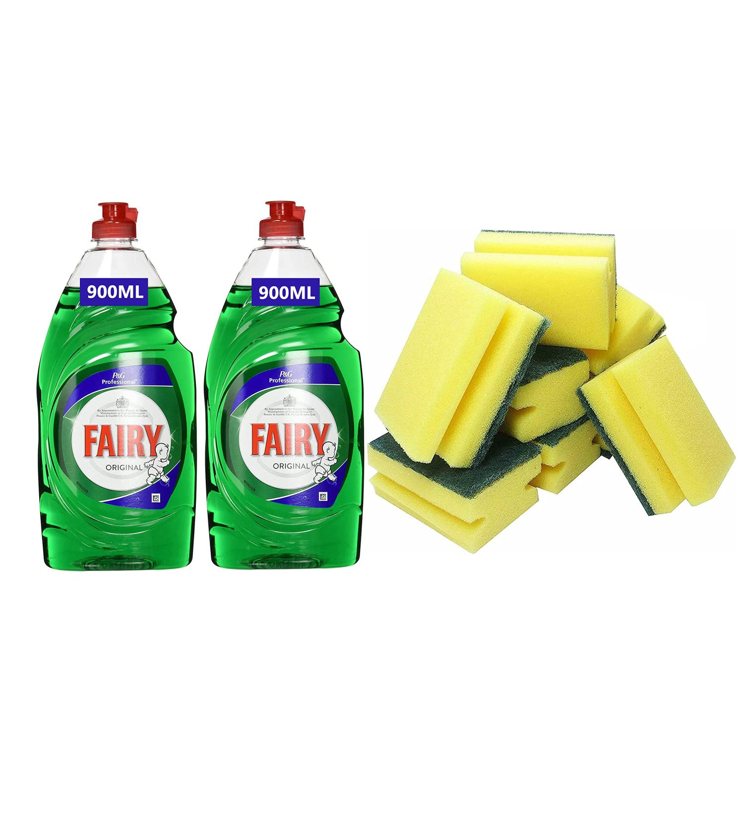 Dish Washing Cleaning Set Fairy Liquid 870ml-900ml With Heavy Duty Scrub Sponge Set of 10-2x Fairy + 8x Heavy Duty Scrub Sponge Sucasa (2x Fairy Original 900ml + 8 Sponge) - Buy Online on GoSupps.com
