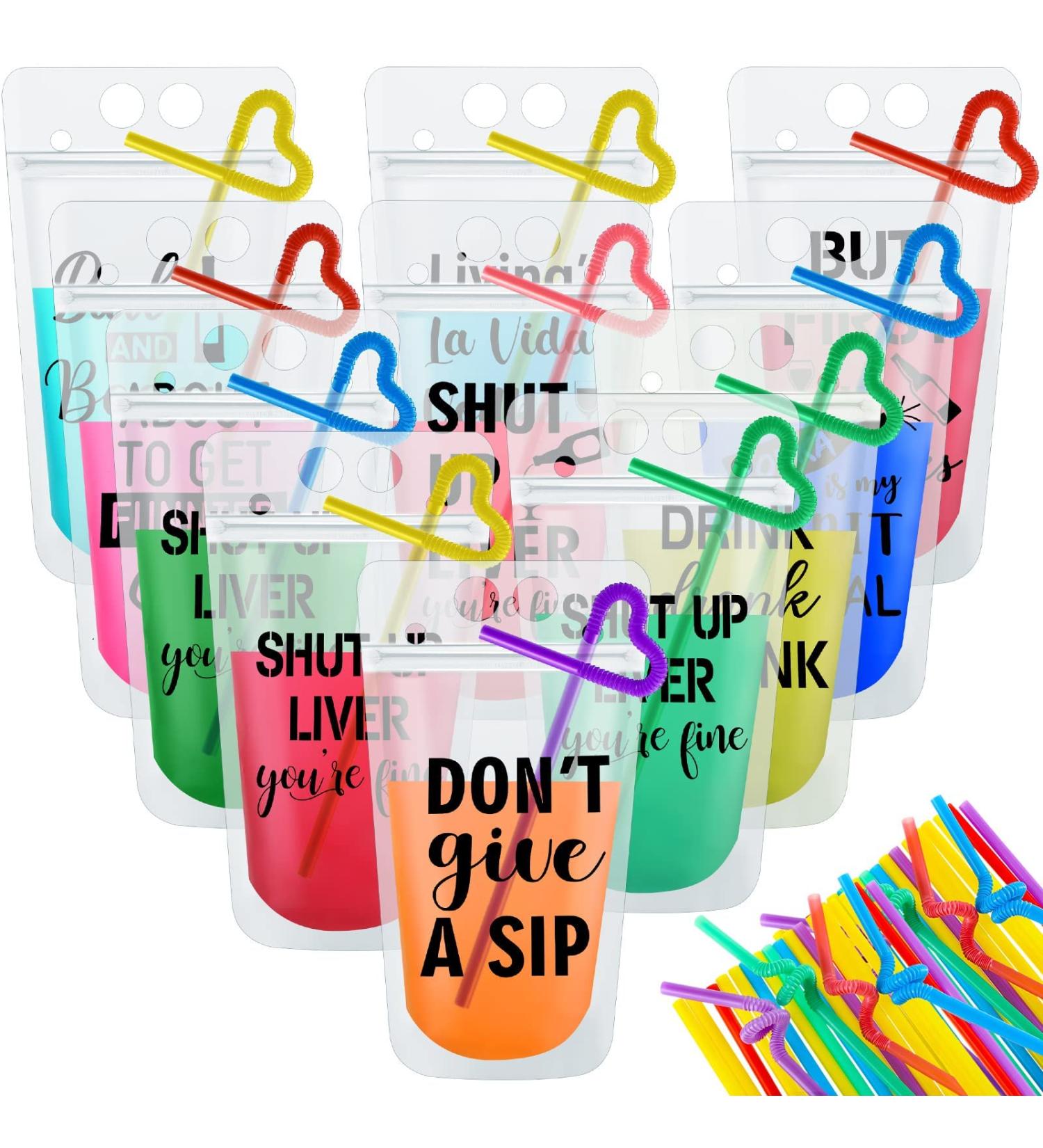 Party Drink Pouches with Straws - 36 Sets, 9 Styles - Plastic Beverage Bags for Adults and Teens - Buy Online on GoSupps.com