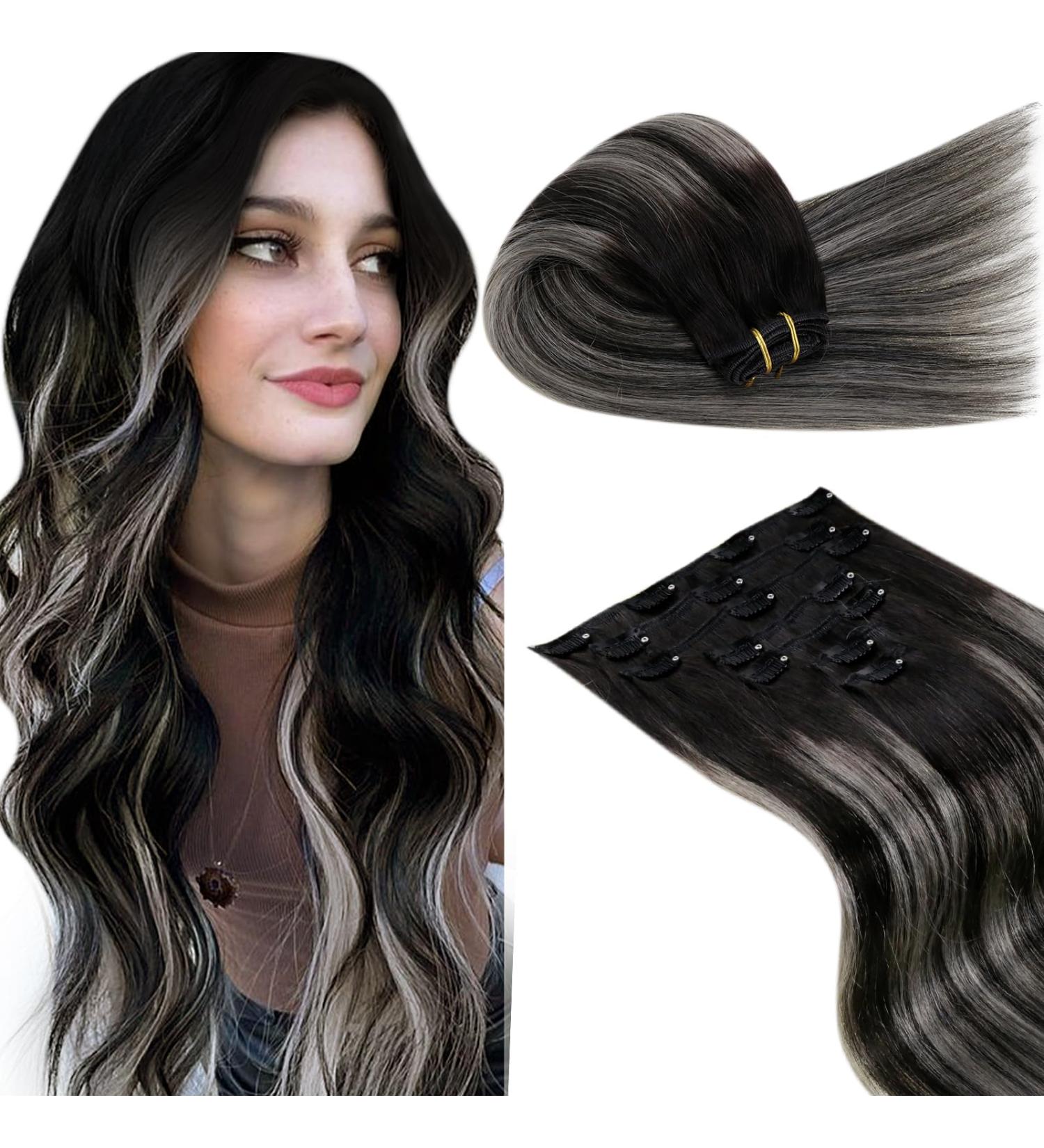 LAAVOO Ombre Clip-in Hair Extensions - Real Hair Black Balayage Silver 7pcs/105g 50cm Thickness Perfect for Thick Hair - Buy Online on GoSupps.com