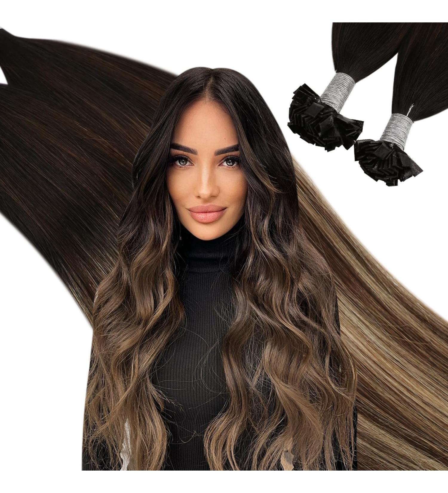 UGEAT Pre-Bonded Flat Tip Hair Extensions - Balayage Ombre Keratin Fusion Glue Sticks Natural Black to Dark Brown & Blonde #1B/4/27 22 Inch 50g/50s - Buy Online on GoSupps.com