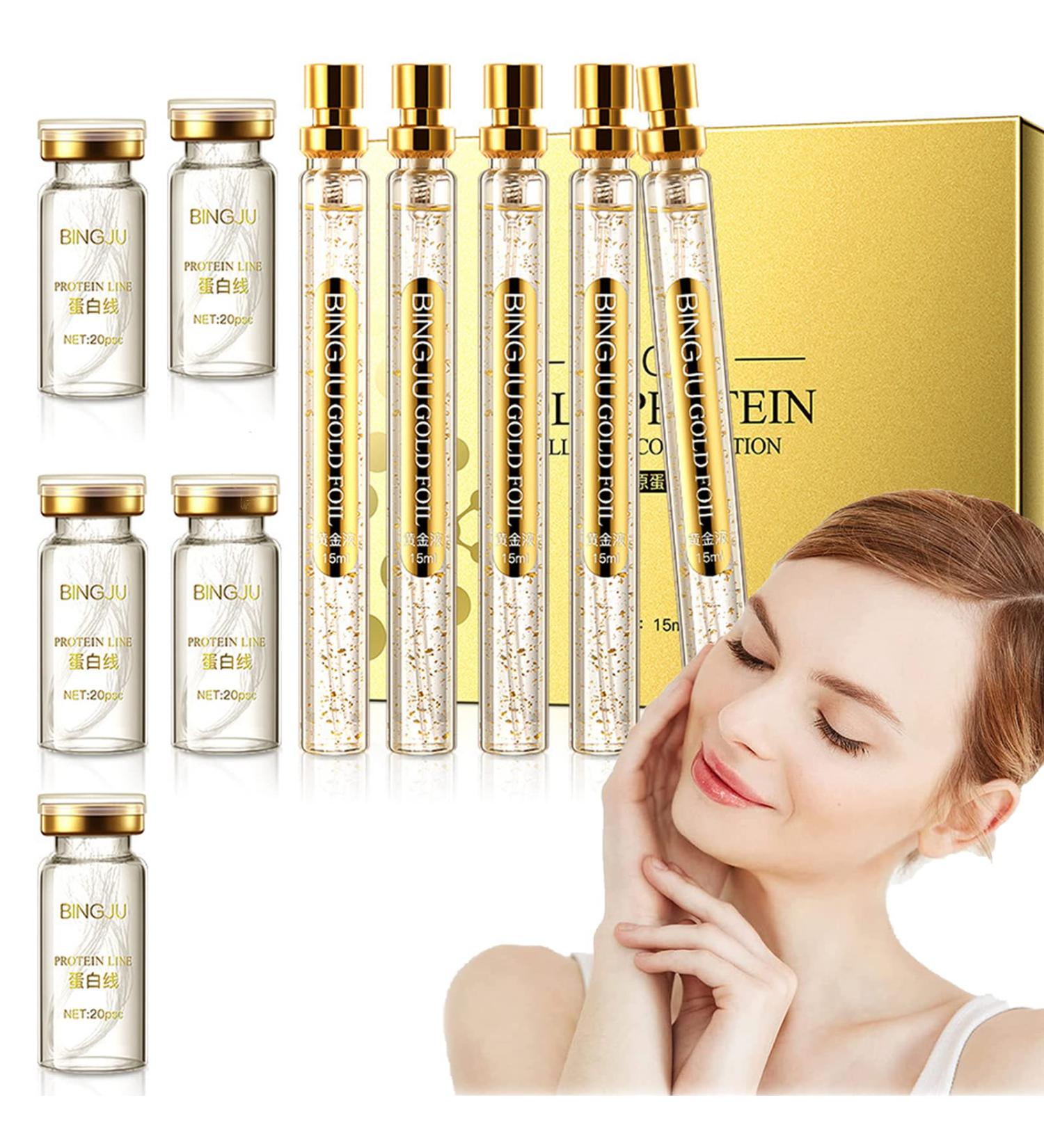 Soluble Protein Thread And Nano Gold Essence Combination Gold Face Serum Active Collagen Silk Thread 24k Gold Face Serum Active Collagen Silk Absorbable Collagen Threads (With 5XExtra Protein Thread) - Buy Online on GoSupps.com