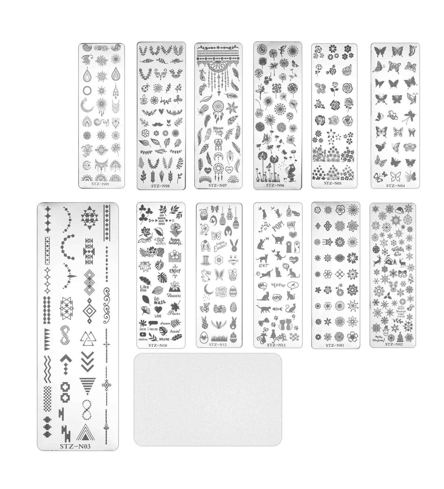 13-Piece Nail Art Punching Panels & Scrapers - Flower & Animal Patterns for Professional DIY Manicure | International Shipping - Buy Online on GoSupps.com