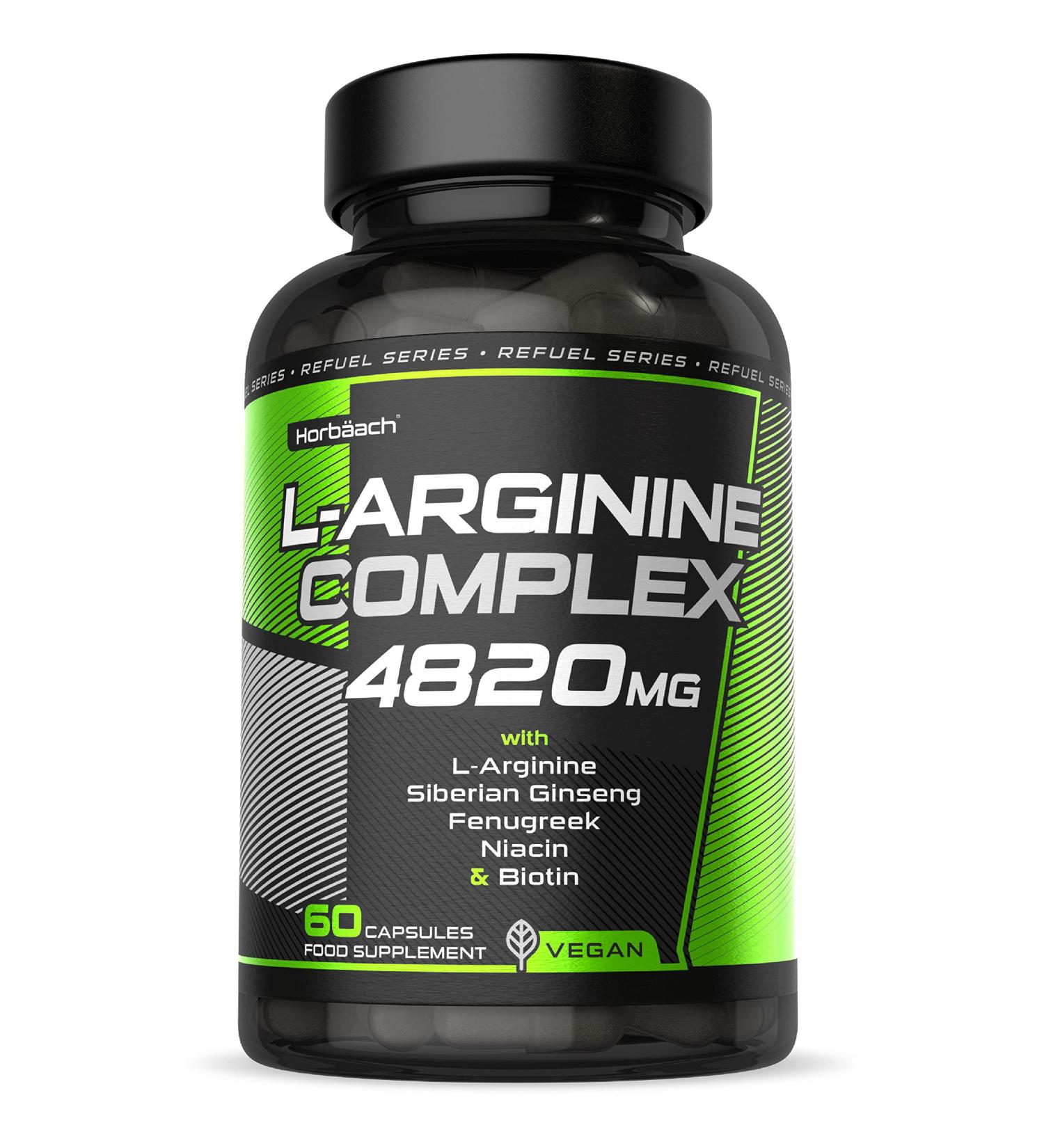 High Strength L-Arginine 4820mg Complex with Ginseng, Fenugreek, Niacin & Biotin - 60 Vegan Capsules by Horbaach - Buy Online on GoSupps.com