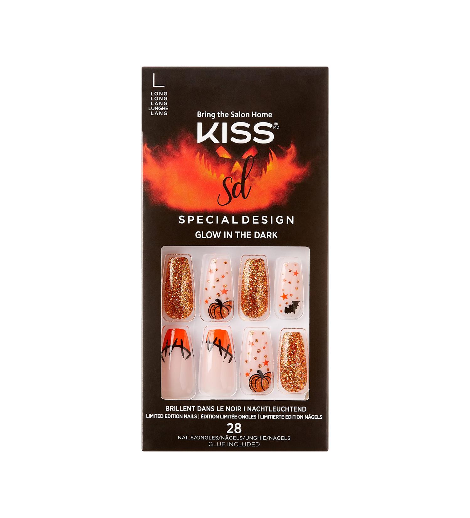 KISS Halloween Fake Nails - Glow-In-The-Dark 'Wicked' Design with Pink Gel Glue Mini File & Stick - 28 False Nails for Perfect Manicure - Buy Online on GoSupps.com