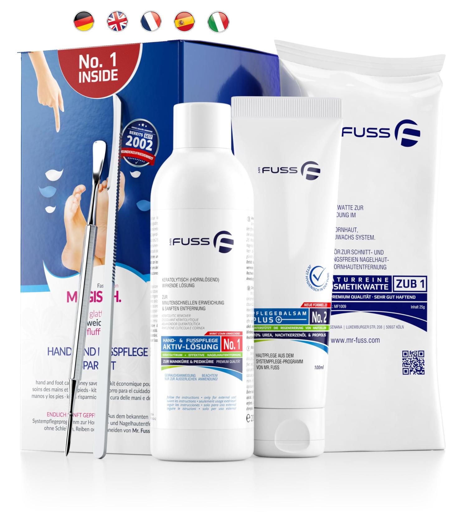 Mr. Fuss No.1 Advanced Pack - Horn Skin & Nail Remover Savings Set | 5 TLG - 100 ml Cotton Wool Cutlery Set - International Shipping Available - Buy Online on GoSupps.com