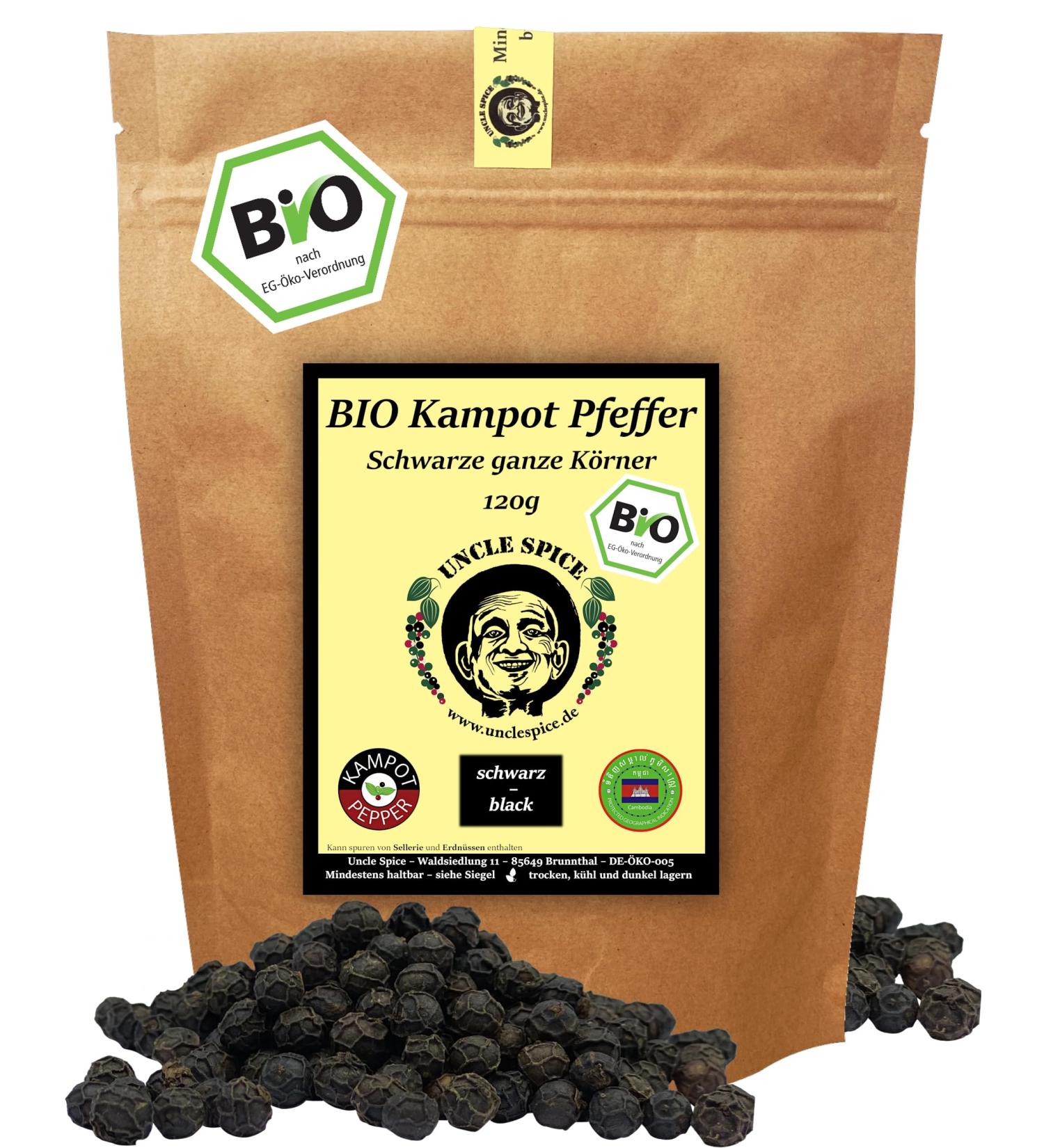 Uncle Spice Bio Black Kampot Pepper - 120g Premium Organic Hand-Picked Sun-Dried Peppercorns - DE- KO-005 - Buy Online on GoSupps.com