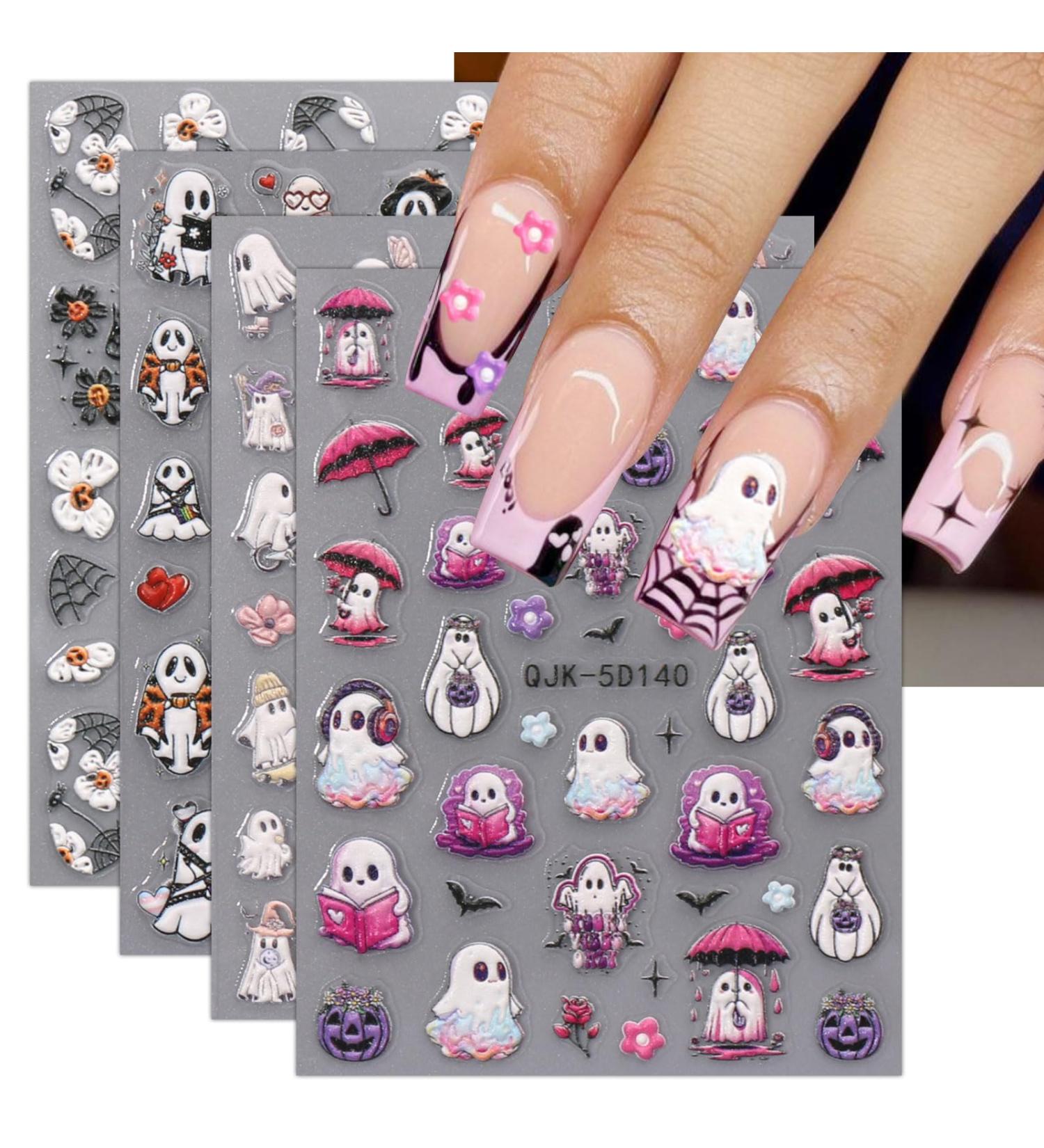 5D Halloween Nail Stickers 4 Sheets 5D Self-Adhesive Embossed Purple Nail Decal Ghost Pumpkin Nail Art Decoration Design Supplies - Buy Online on GoSupps.com