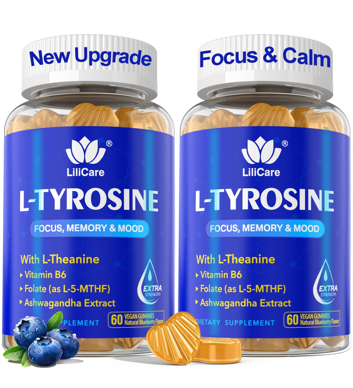 L Tyrosine Calm & Focus Supplement Gummies 1100mg for Adults, L-Tyrosine Brain Supplement Gummies w/ L-Theanine, Ashwagandha, Vitamin B6 & B9 Supplements for Memory, Mood, Relax, Energy -Vegan,120Cts 60 Count (Pack of 2) - Buy Online on GoSupps.com