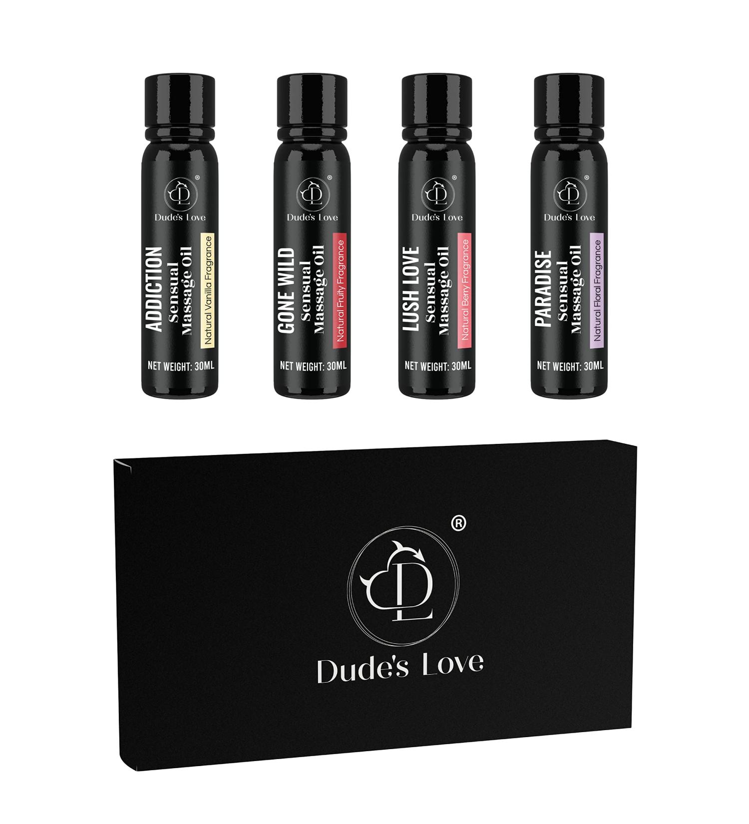 Dude's Love - Aromatic Edible Full Body Sensual Massage Oil Pack of 4 - Combo Gift Set | Trial Pack Massage Oil with Essential Oils - 120 ML Trial Pack (Vanilla Fruity Berry Floral) 30 ml (Pack of 4) - Buy Online on GoSupps.com