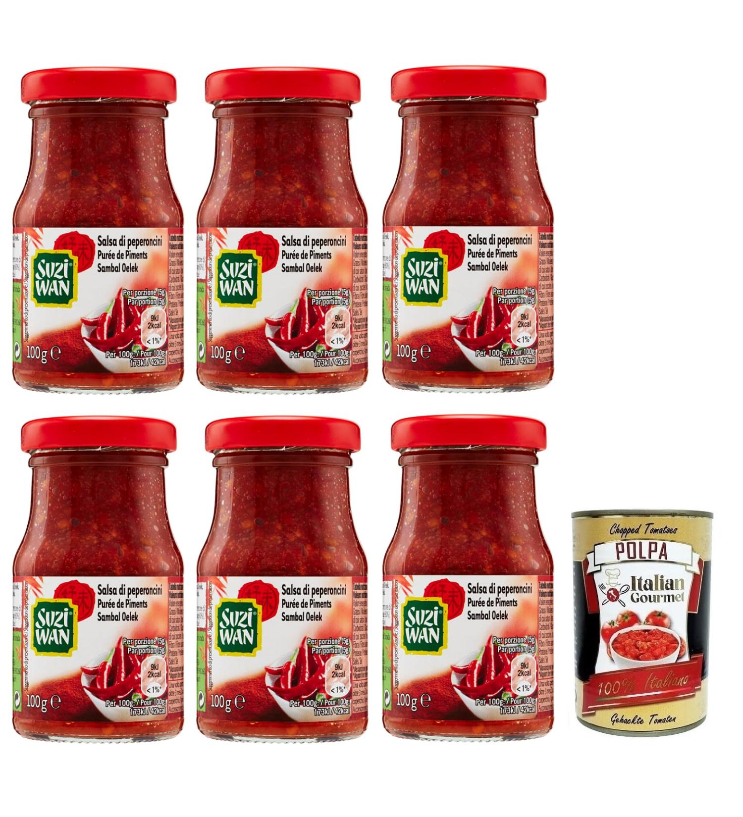  Italian Gourmet E.R. Suzi Wan Pepperoni Salsa chili sauce hot chili sauce spicy sauce ideal for typical oriental dishes 100g jar + 400g can - Buy Online on GoSupps.com
