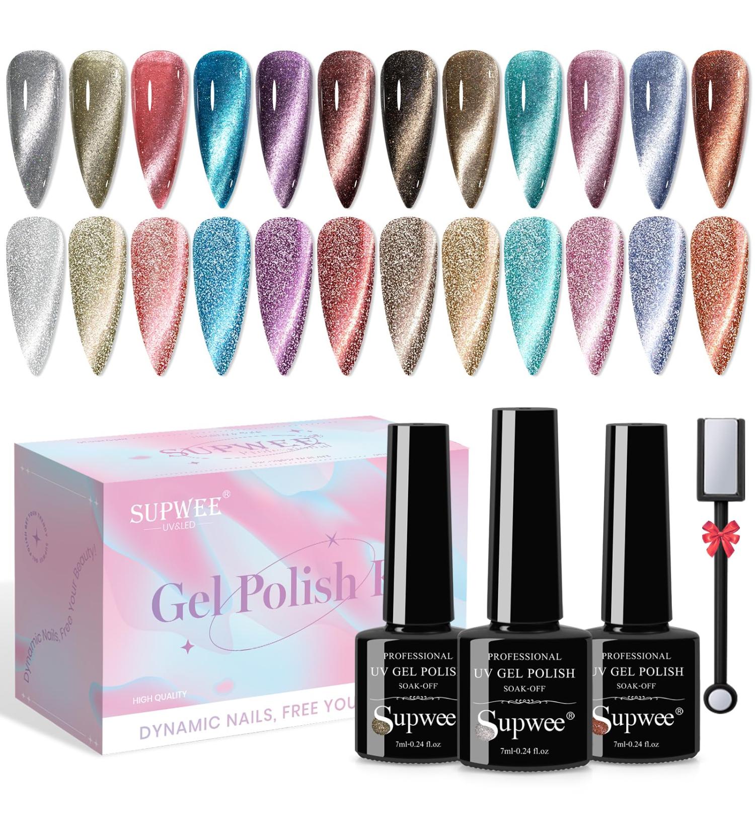 SUPWEE Reflective Cat Eye Gel Polish Kit - 12 Glittery Colors with 9D Magnetic Effect for DIY Manicure | Nail Salon Quality - Buy Online on GoSupps.com