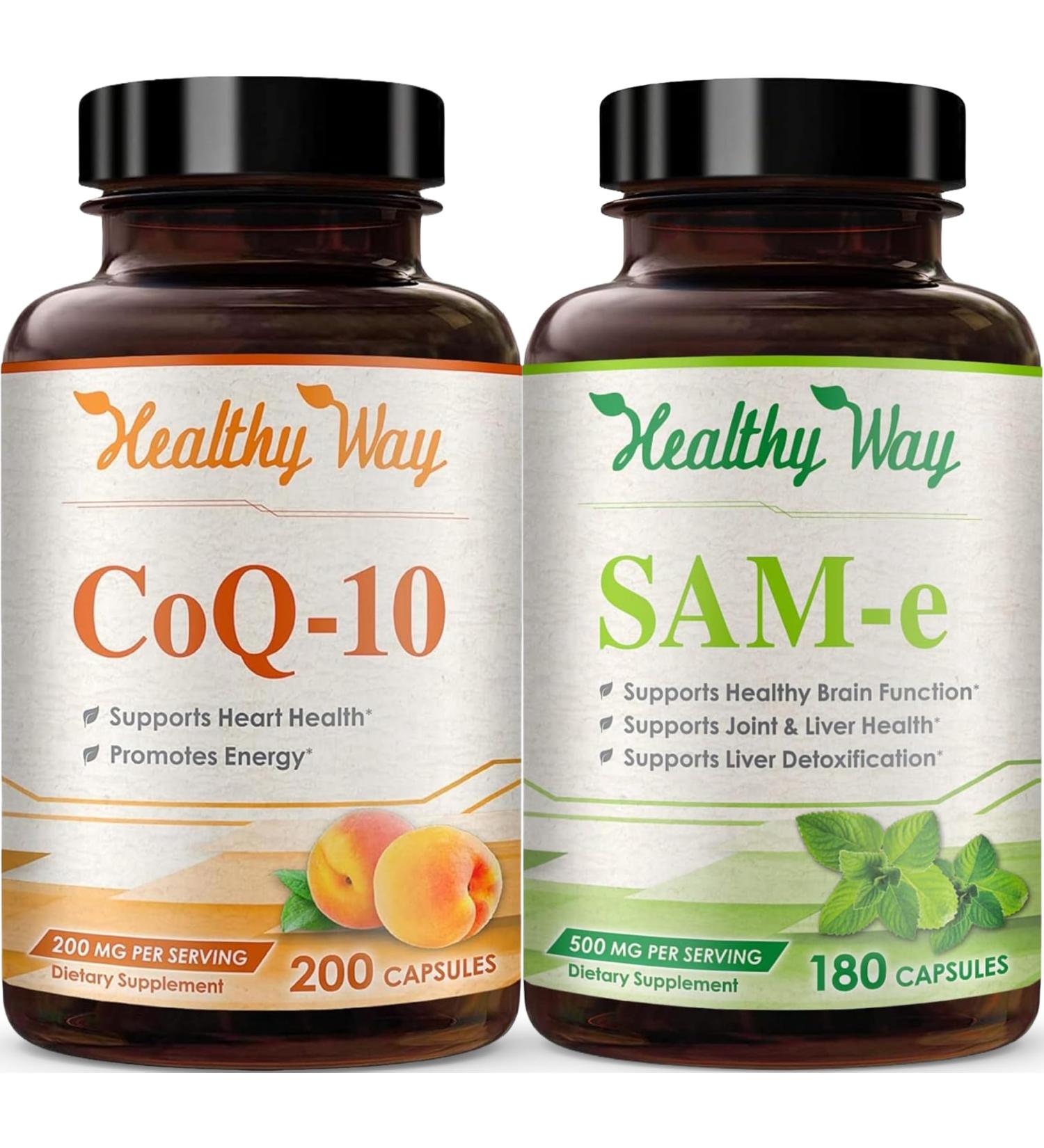 HealthyWayRx 500mg SAM-e & Coenzyme Q10 200mg CoQ10 Supplement Bundle - Brain Mood Focus and Energy Support Bundle with CoQ10 and S-Adenosyl-L-Methionine Capsules - Buy Online on GoSupps.com