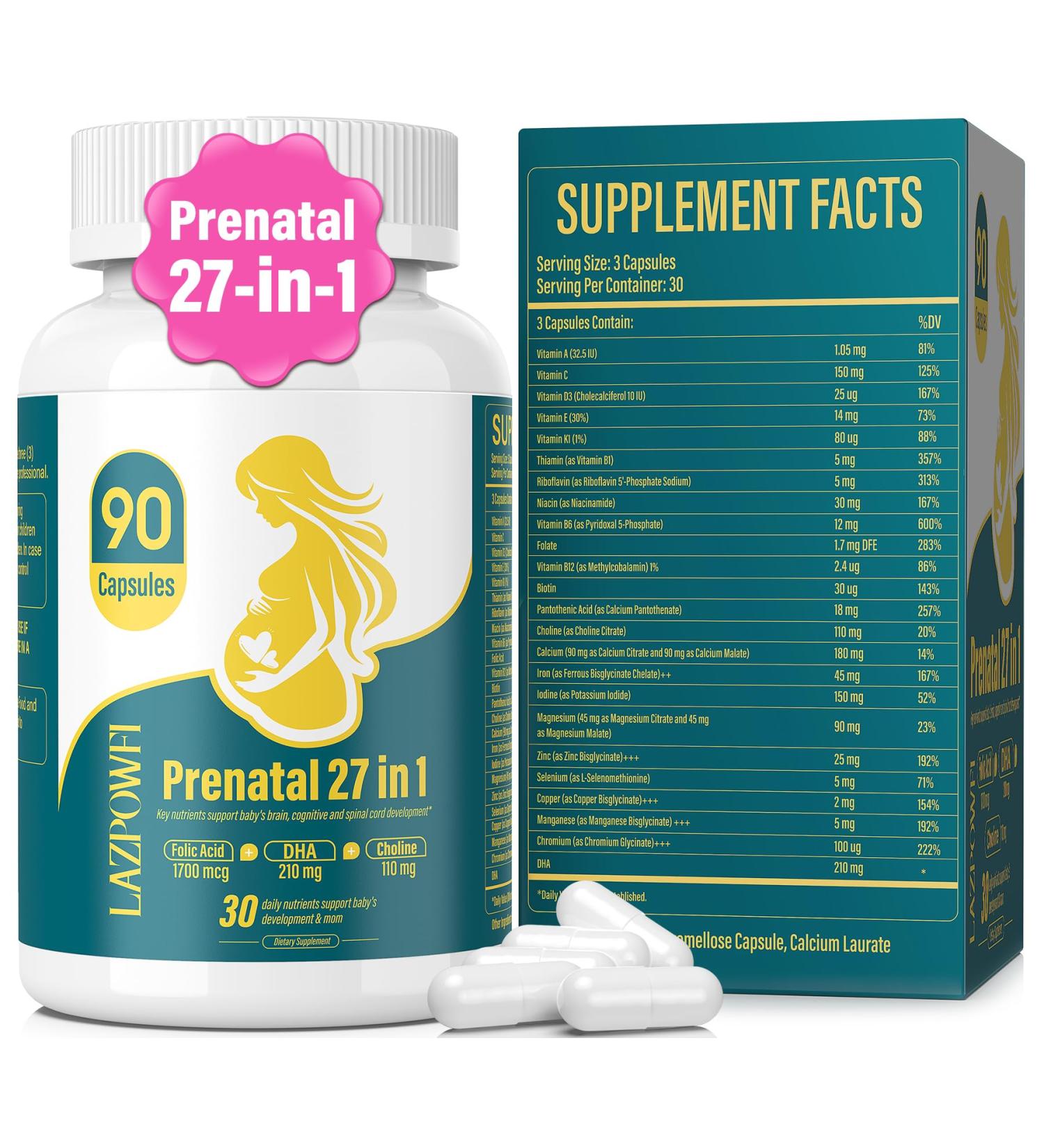Lazpowfi Prenatal Vitamins for Women Postnatal Multivitamin with Folic Acid DHA Choline for Pregnant and Breastfeeding Women Niacinamide Biotin and Minerals 27 in 1 Supplement 90 Capsules-30 Servings - Buy Online on GoSupps.com
