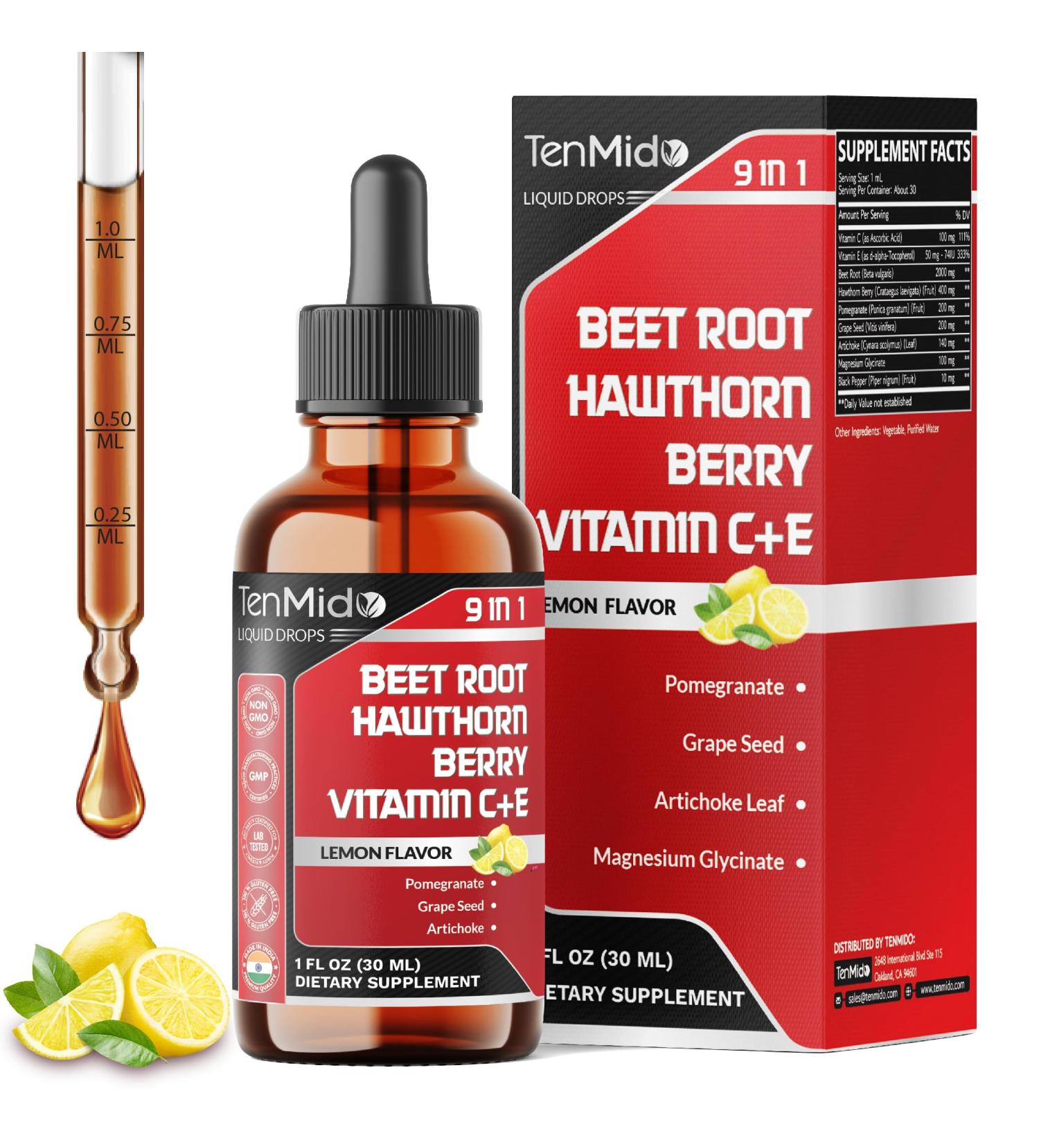 Tenmido 9in1 Beet Root Extract Liquid Drops with Vitamin C Vitamin E Hawthorn Berry Pomegranate Grape Seed Artichoke Magnesium Glycinate and Black Pepper - 30ml 1 Fl Oz - Buy Online on GoSupps.com