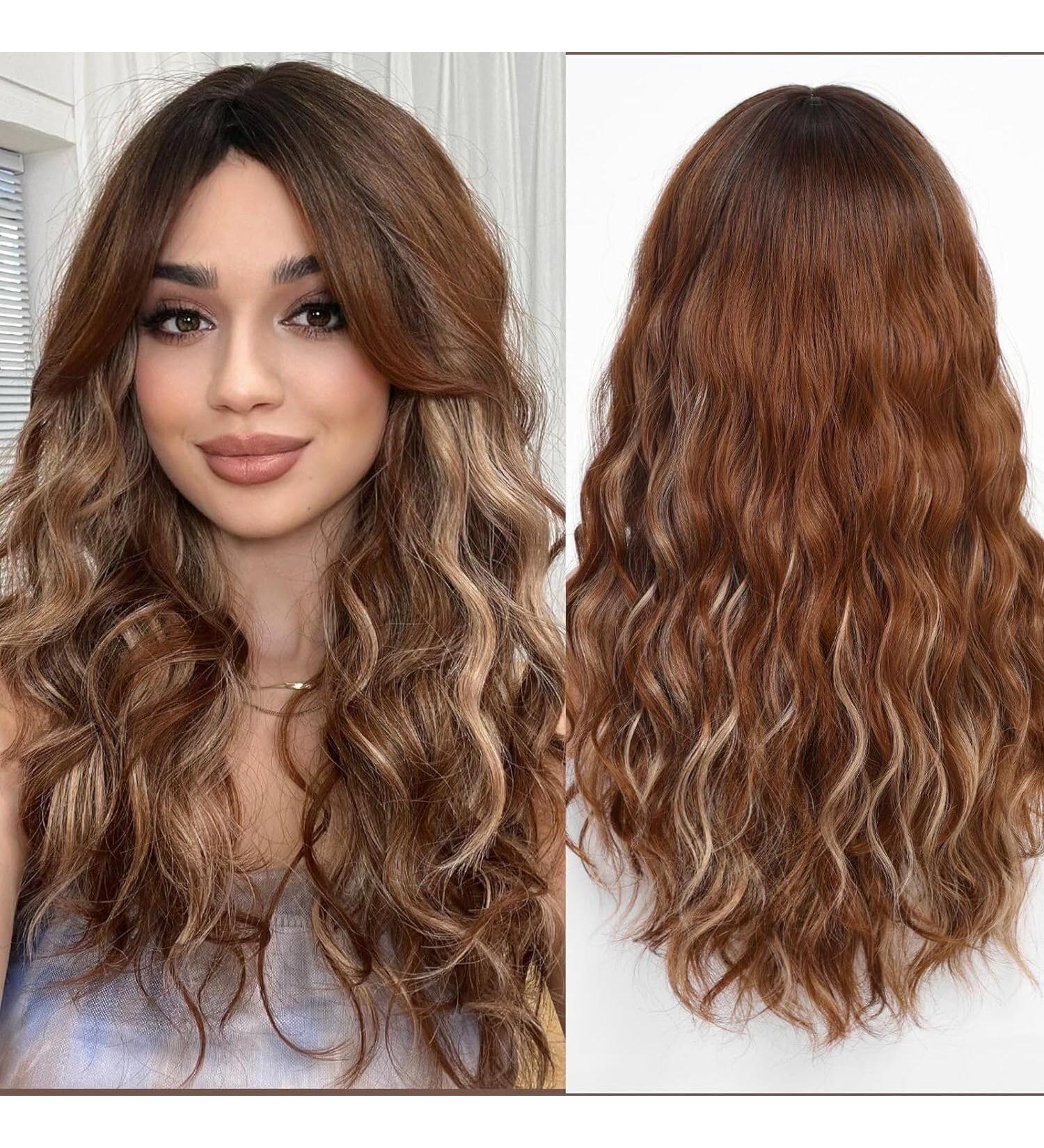 WOKESTAR Long Highlight Brown Synthetic Hair Wig with Curtain Fringe for Women - Buy Online on GoSupps.com