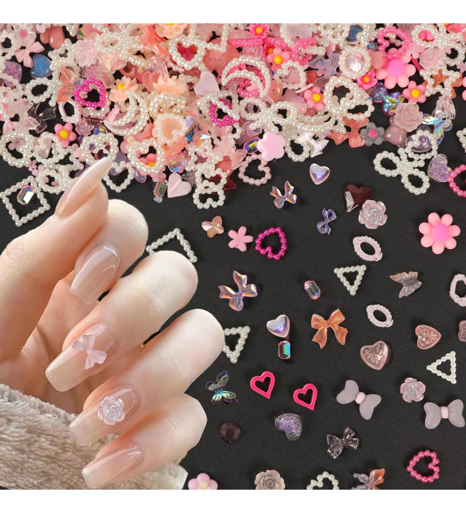 260Pcs 3D Assorted Pearls Nail Charms | Acrylic Multi Shapes | Pink Heart Flower Bear Bowknot | Cute Nail Beads Charms for Manicure DIY - Buy Online on GoSupps.com