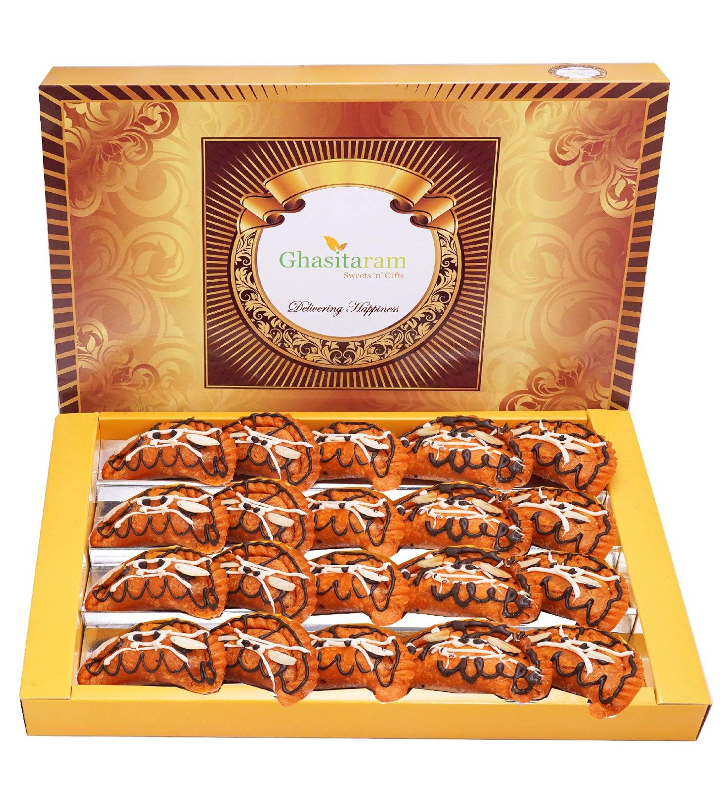 Ghasitaram Gift Holi Sweets Holi Gifts Holi Hamper Orange Flavoured Gujiya 800 GMS |Gift for Diwali Holi Rakhi Valentine Christmas Birthday Anniversary Her Him| - Buy Online on GoSupps.com